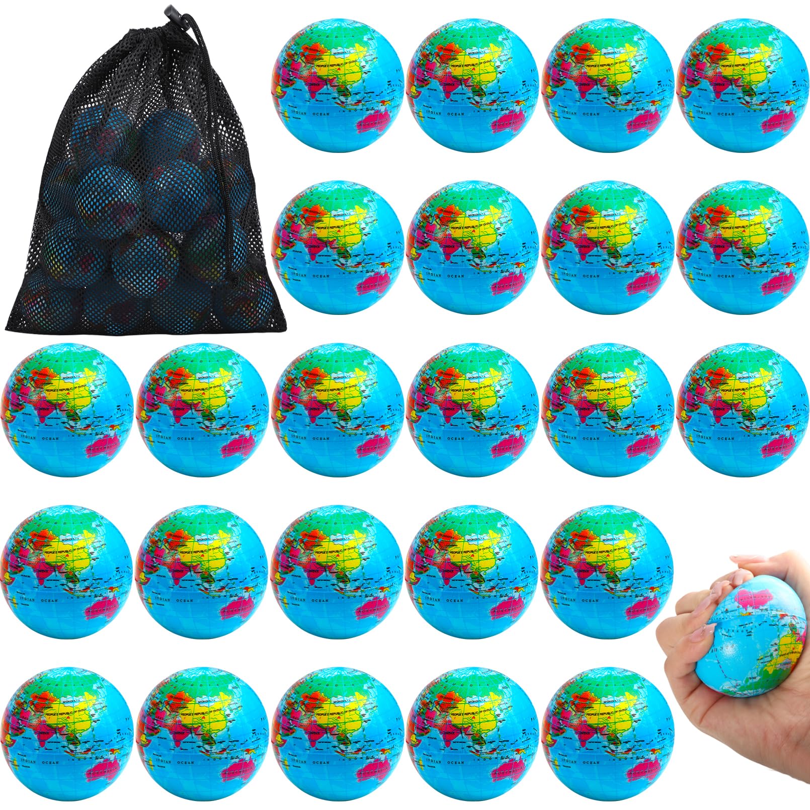 Cptoion Pack of 24 Stress Ball Globe Small, 6.35 cm Anti-Stress Ball World Stress Balls, Soft Globe Foam Stress Ball Toy for Children Adults Finger Exercises School Party Gifts