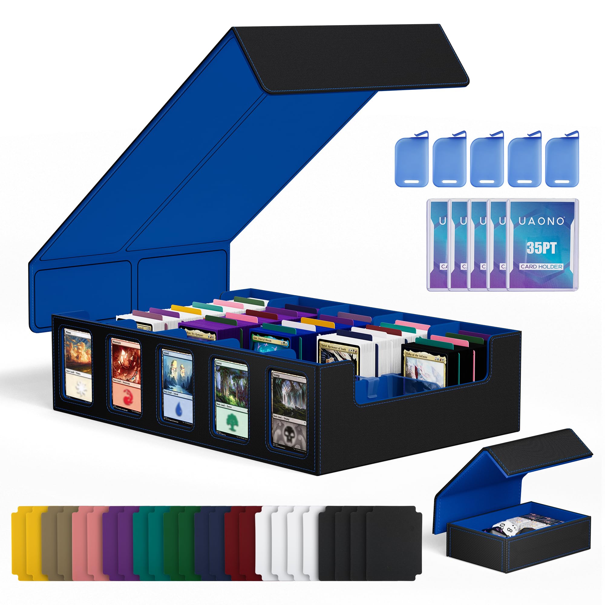 UAONO Trading Card Storage Box with Commander Display;3900+ Card Box for MTG, Removable Cover; 5 Row Case fits MTG TCG Sports Cards 48 Dividers,5 Stoppers,5 Top Loaders,1 Dice Box(Black, Blue)