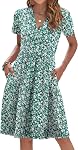WNEEDU Robe d'été femme manches courtes Robes décontractées V Cou Robe de taille avec poches