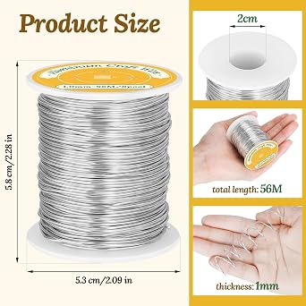1mm(18 Gauge) Aluminum Craft Wire, 56M Flexible Bendable Jewellery Wire, Wire for Jewellery Making, for DIY Floral Making, Sculpting Wire, Craft Supplies, Jewellery Making, Weaving (Silver)