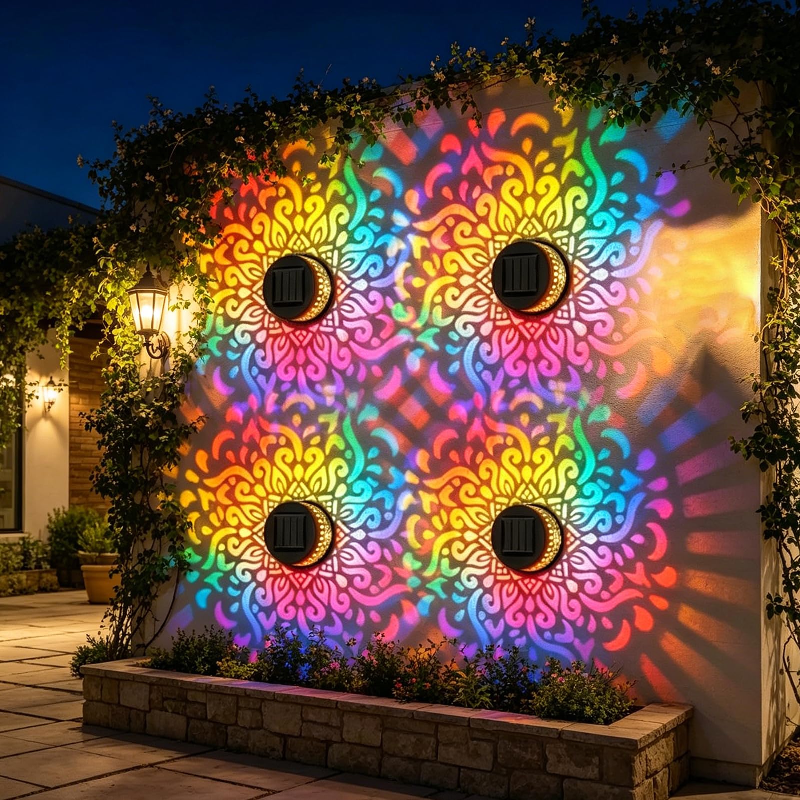 RetroNest Mandala Solar Lights, Seven Color Changing Outdoor Decorative Projection Lamp, Waterproof Metal Fence Light for Yard Garden Patio Backyard Post Decor Fence Lights