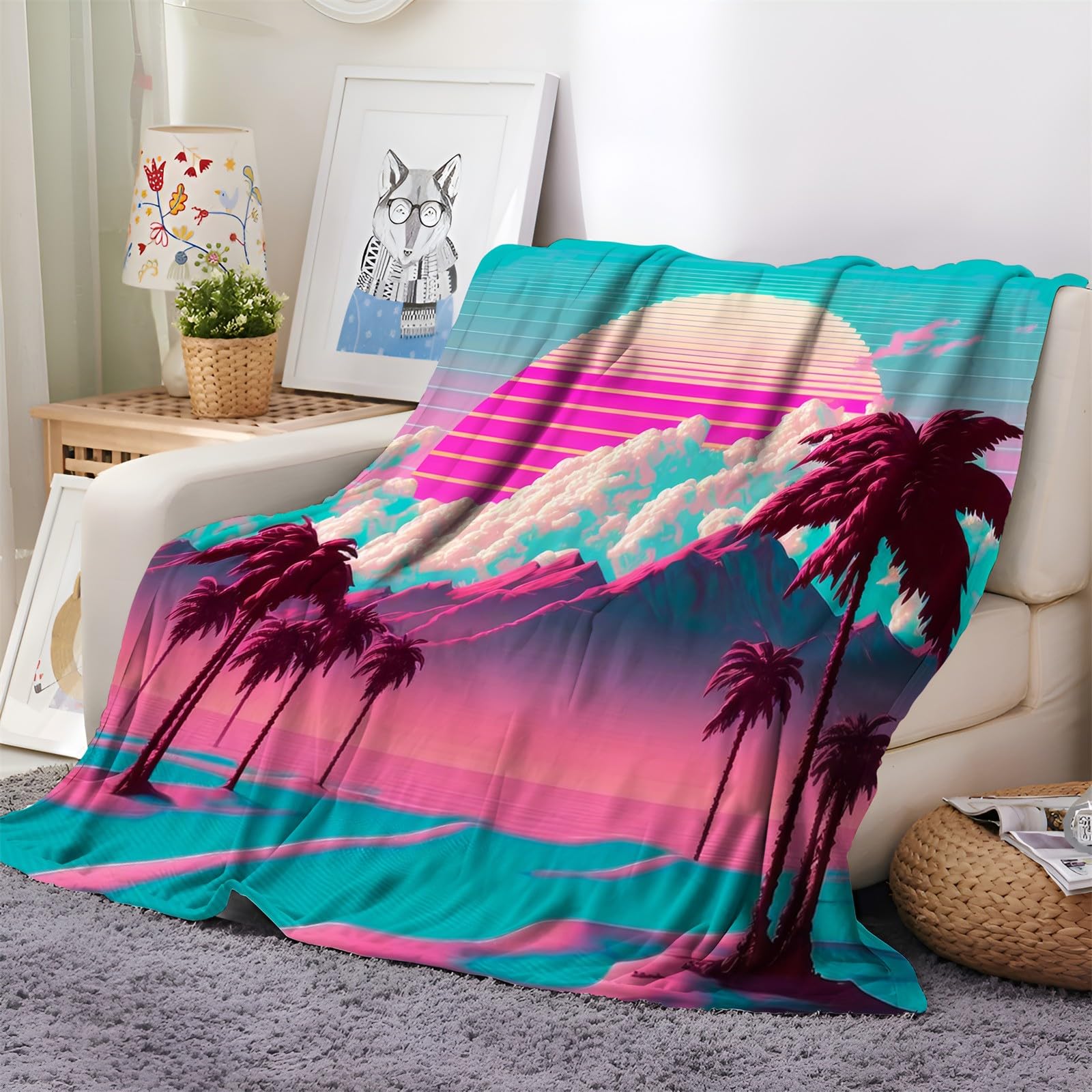 Couverture Flanelle Doux et Confortable 150x200 cm Soleil Rose de Dessin Animé Paysage de Montagne Motif Couverture Plaid Polaire Couverture de Canapé Lavable, Couverture pour Chambre Canapé et Lit