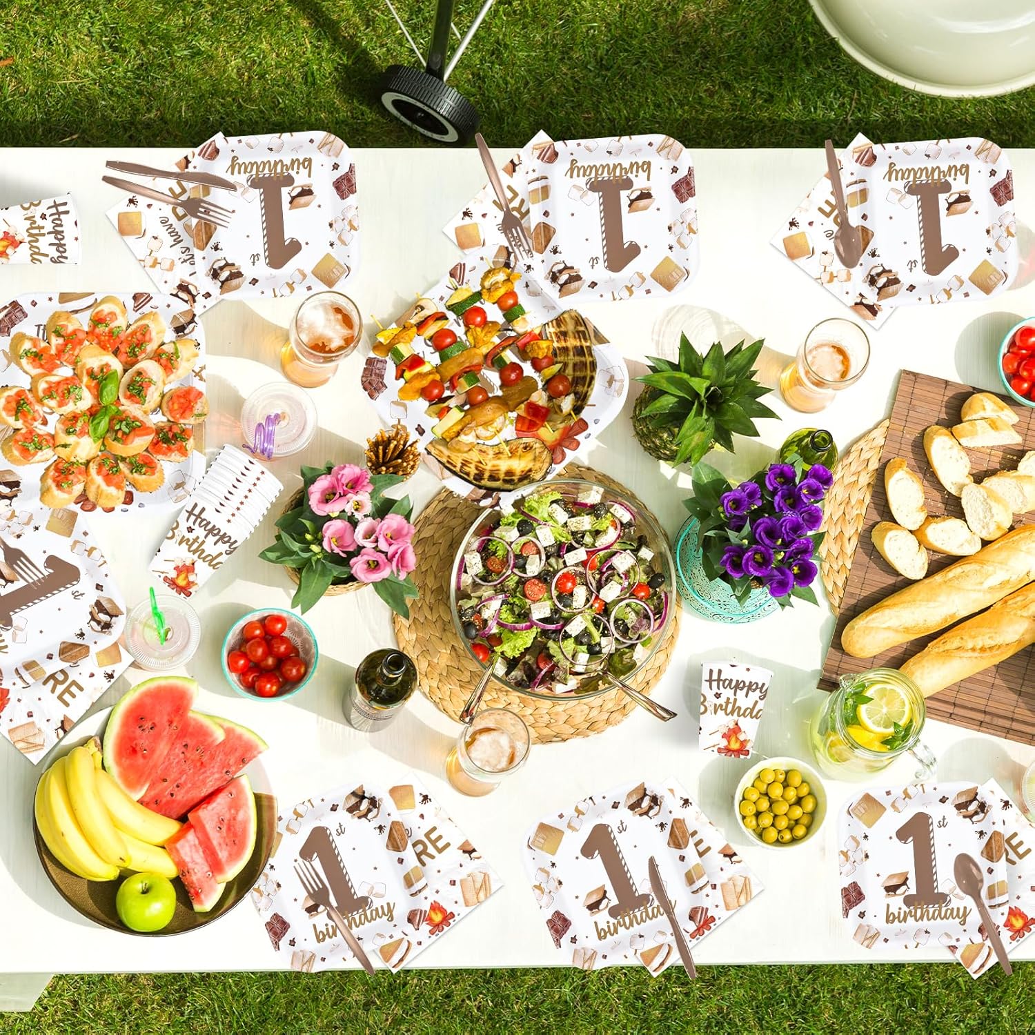 168Pcs S'mores Camping Birthday Party Decor It's S'more Fun to Be One Plates Napkins Cups Forks Knives Spoons First Birthday Disposable Paper Tableware Set for Baby 1st Party Supplies Serves 24