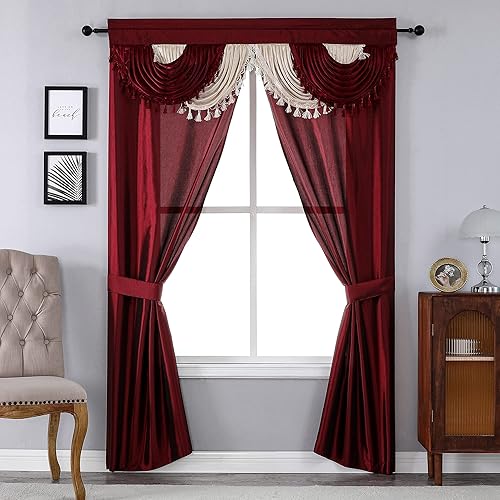 Regal Home Collections Amore juego de ventanas de 54 pulgadas por 84 pulgadas con cenefa adjunta Azul, Ladrillo, Marrón, Burgundy, Cascade Cream, disponible en Yaxa Colombia