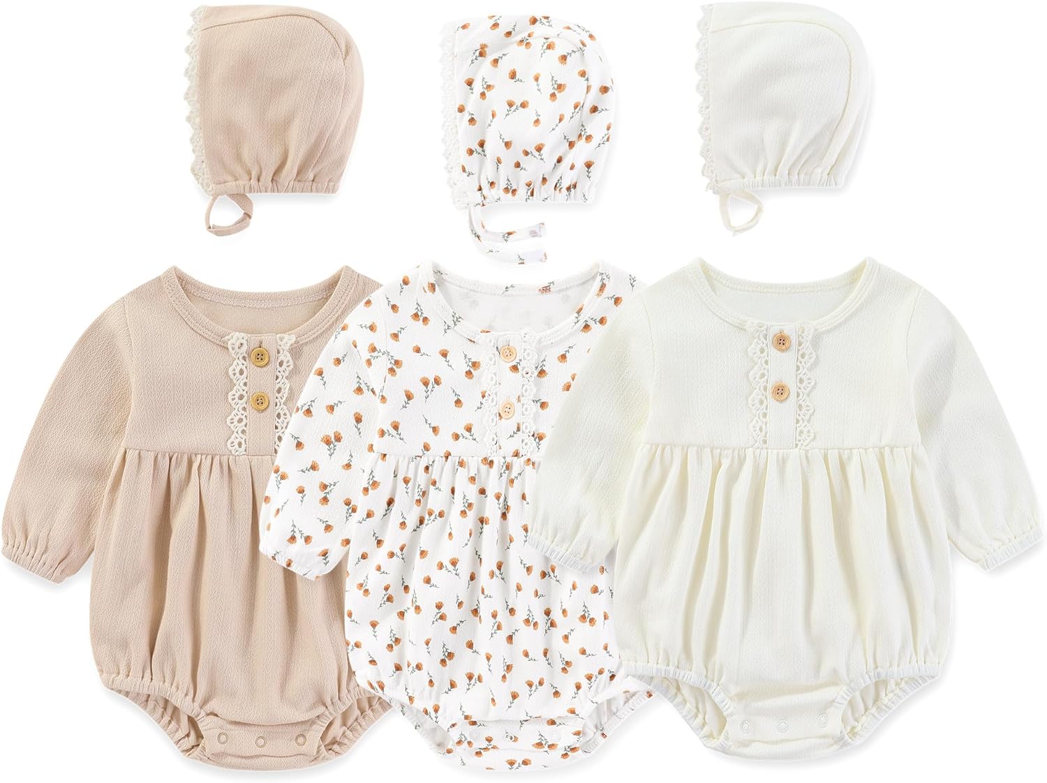 MAMIMAKA Newborn Baby Girl Clothes Cotton Bubble Rompers Infant Outfit Floral Long Sleeve Bodysuit, 3 Pack
