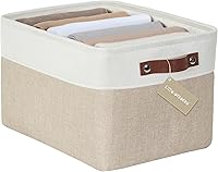 DECOMOMO Large Fabric Storage Baskets for Shelves - Foldable Linen Closet Organizers with Faux Leather Handles, Beige & White (1 Pack)