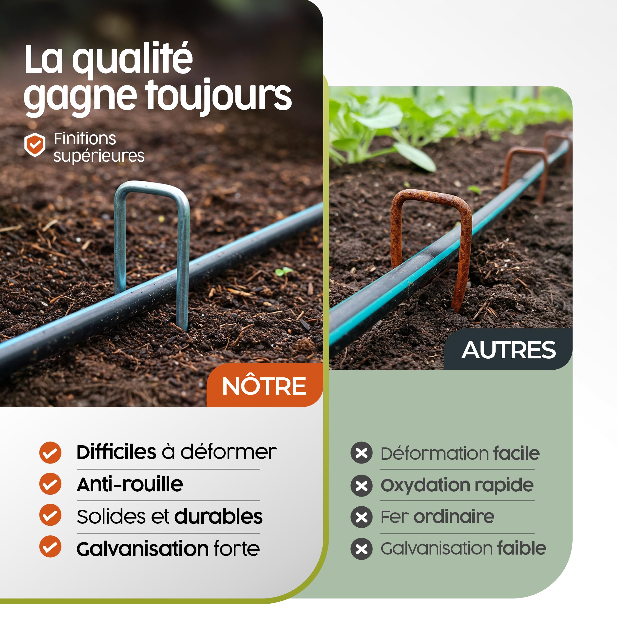 PORTENTUM Agrafes de Jardin 50 pcs + 8 Rondelles – Sardines de Fixation pour Sol Dur, Piquets de Jardin, Piquet Ancrage pour Tomates, Agrafes pour Toile de Paillage et Gazon Synthétique