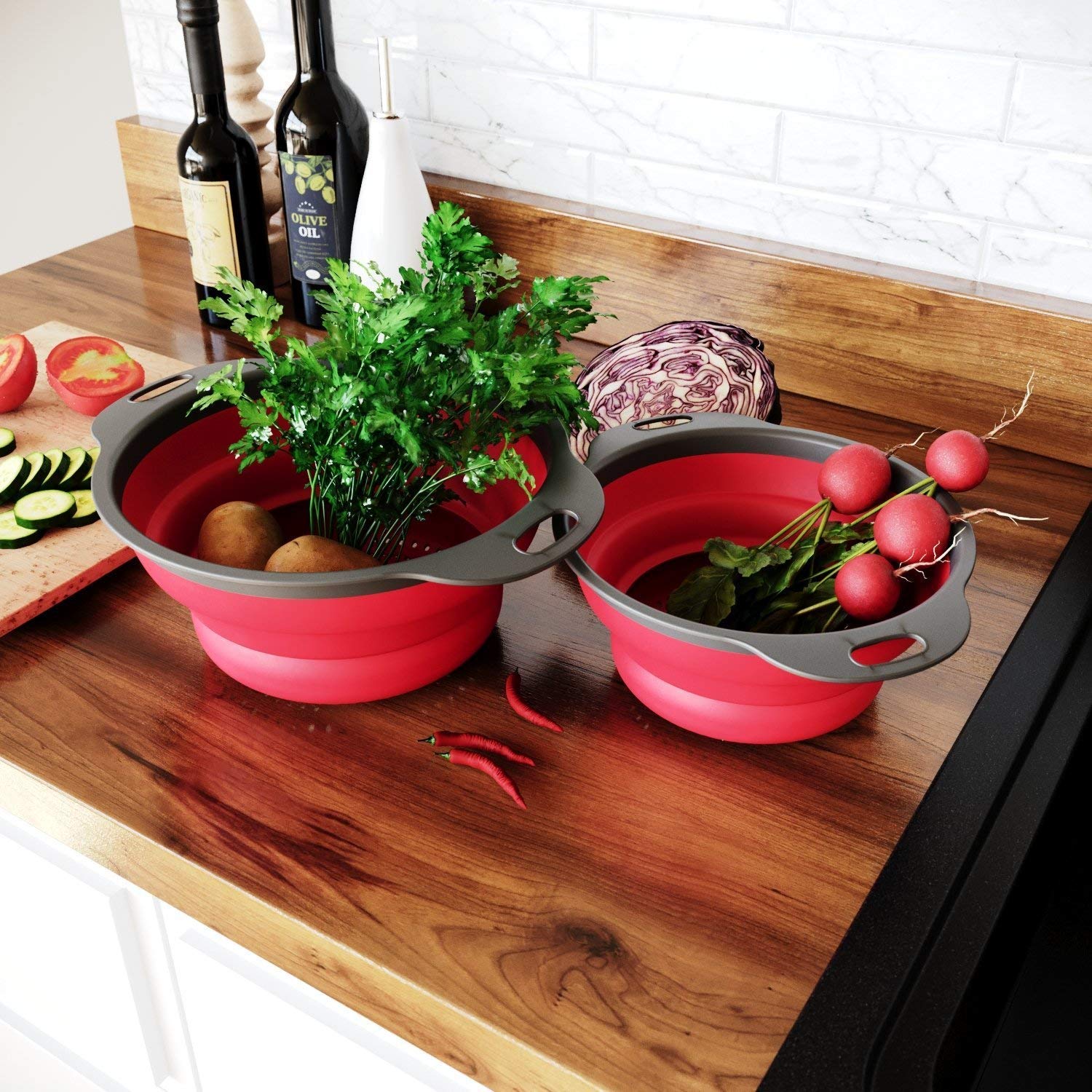 Set 2 Setacci Pieghevoli In Silicone - Compatti Per Cucina, Per Pasta, Verdura E Frutta