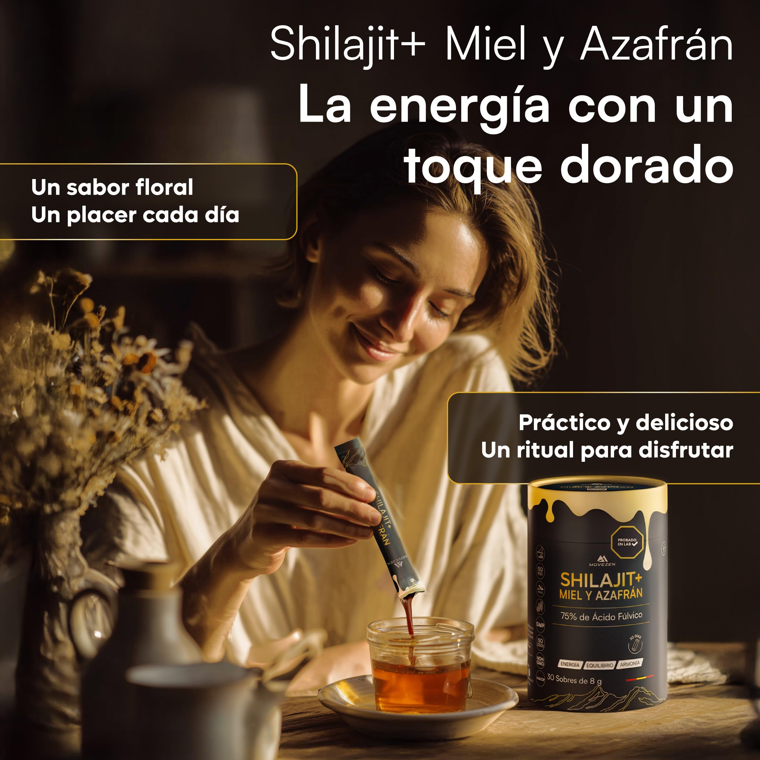Shilajit +, Resina auténtica 100% pura del Himalaya con miel y azafrán orgánico, energía duradera, vitalidad, concentración, 30 palos de 8 g, rica en ácido fúlvico y húmico, 85+ minerales