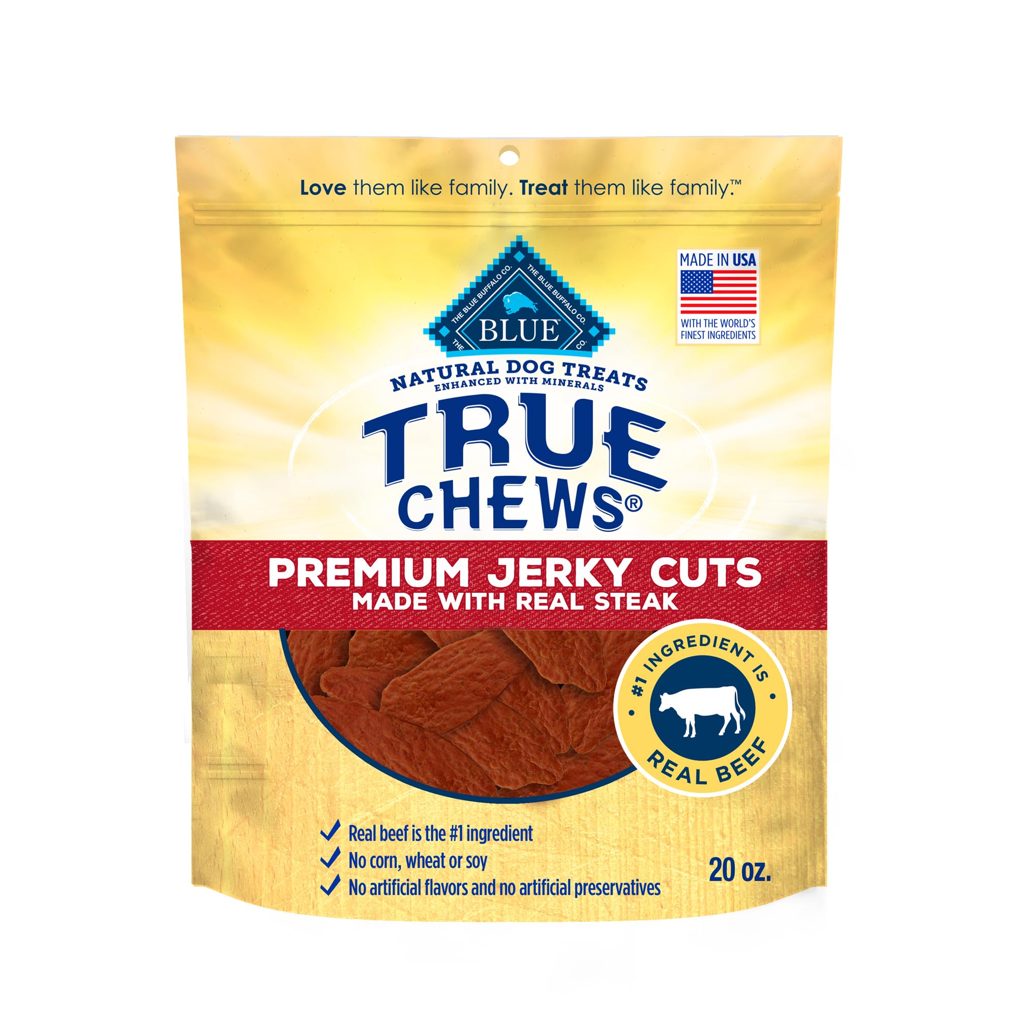Blue Buffalo True Chews Premium Jerky Cuts Dog Treats, Made in The USA with Natural Ingredients, Beef, 20-oz Bag