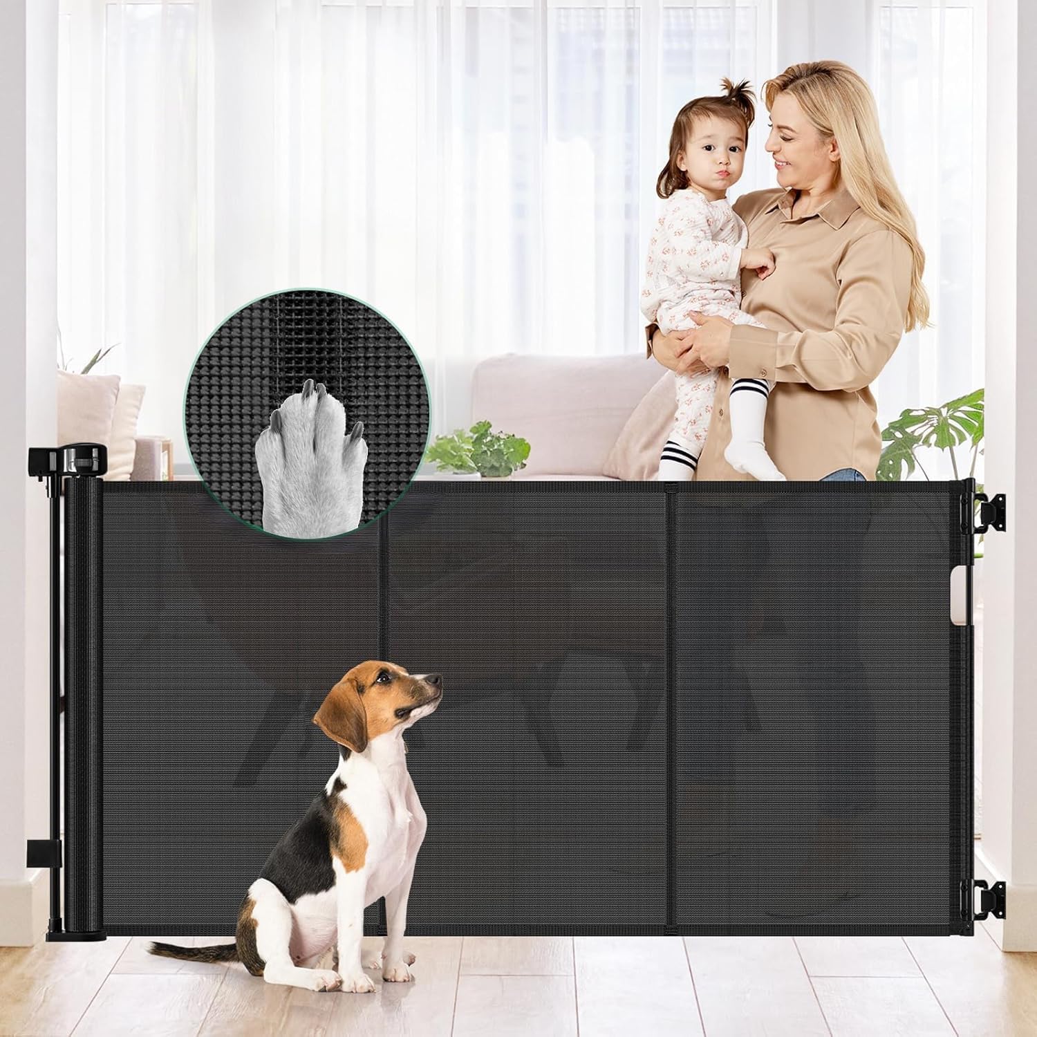 Reinforced 50" Wide Retractable Baby Gate Retractable Dog Gate with Support Rods - Anti-Bottom Crawl, Mesh Gate Retractable Gate Outdoor Retractable