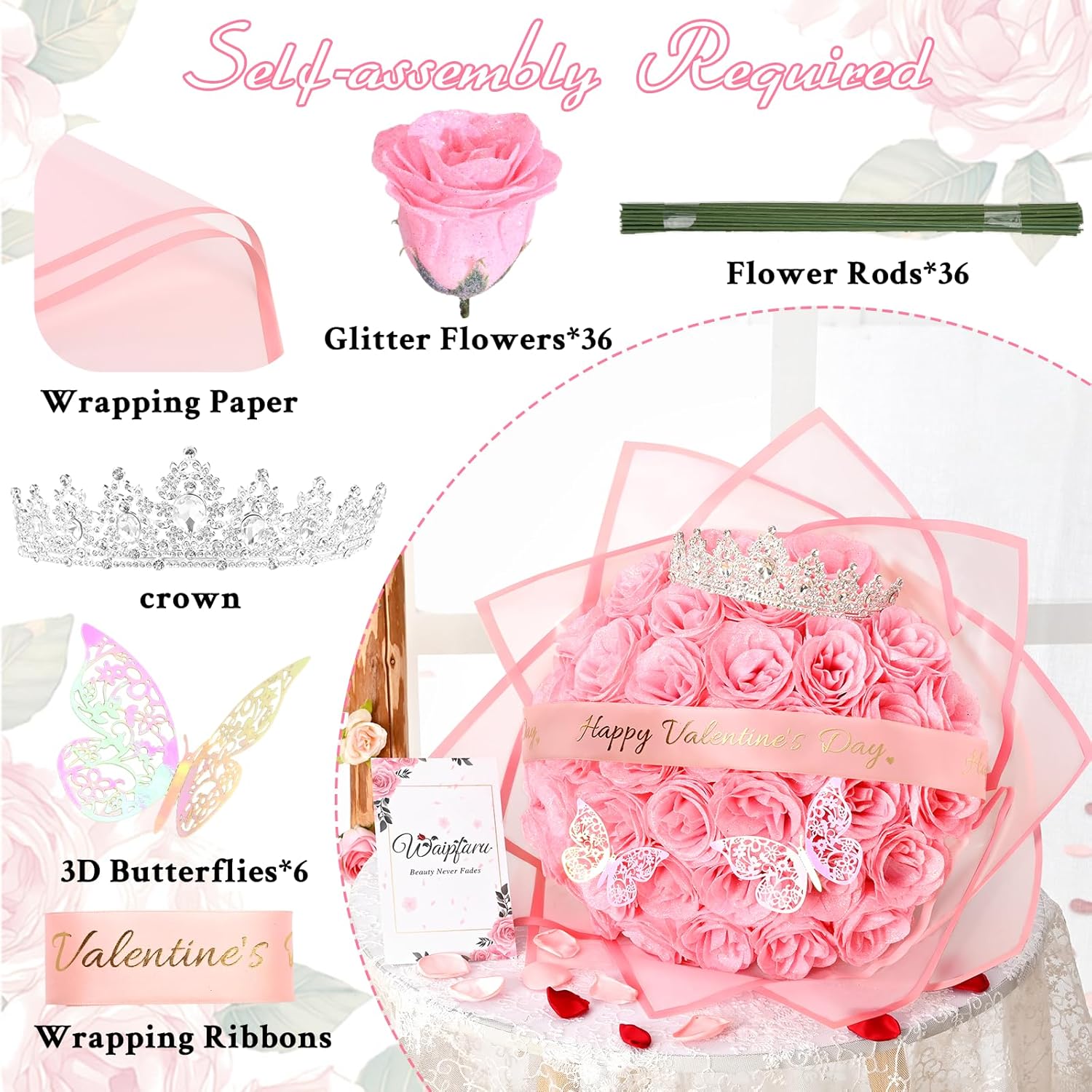 Waipfaru Glitter Roses Bouquet, Valentines Day Gifts for Her, DIY Fake Pink Flowers Bouquet with Valentine's Stand-Up Signs, 36 Pcs Rose for Women Wife Girlfriend - Image 5