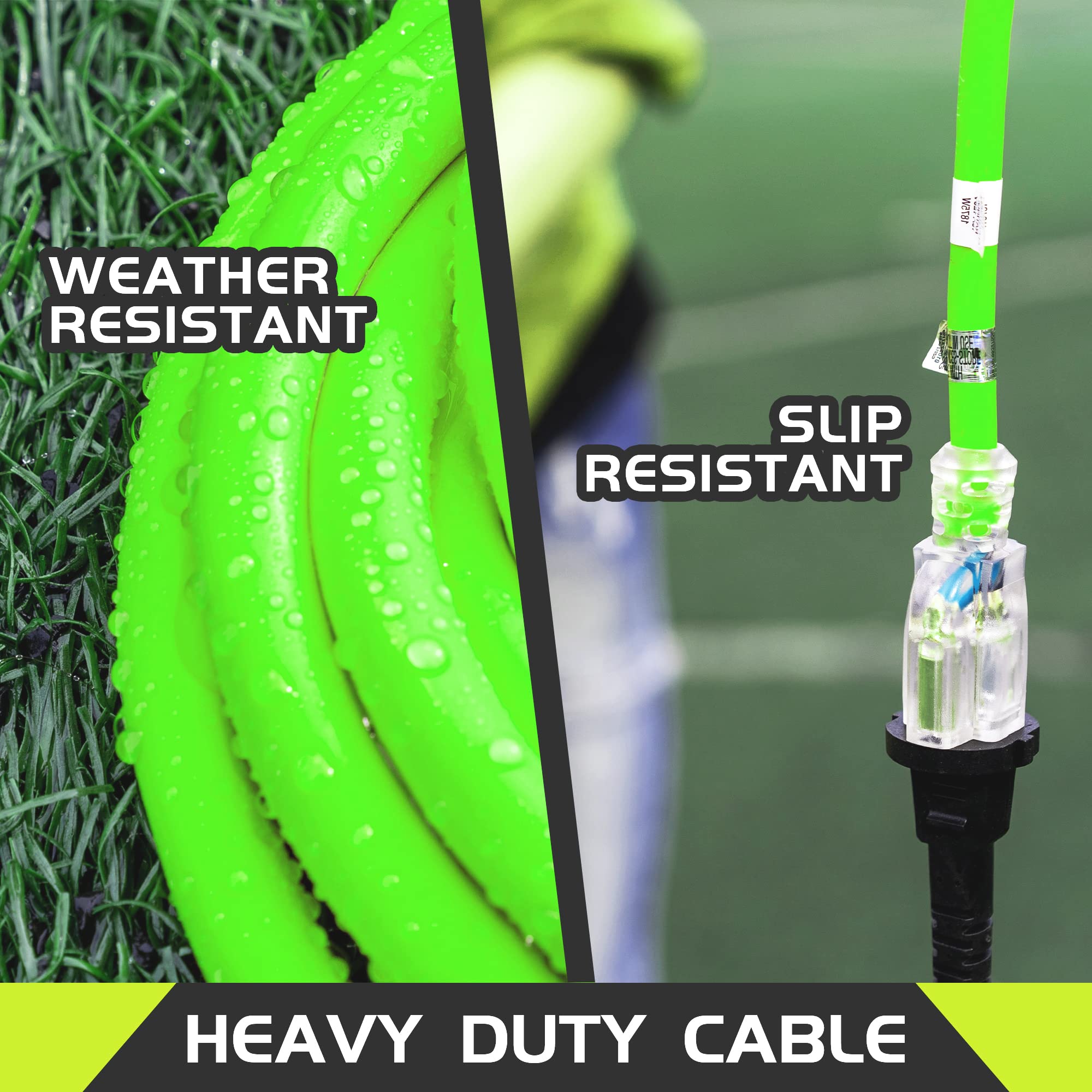 Cable de extensión iluminado para exteriores de 6 pies, 12/3, calibre 12, 3 clavijas, SJTW, resistente, cable de extensión verde neón con enchufe de tierra de 3 clavijas para mayor