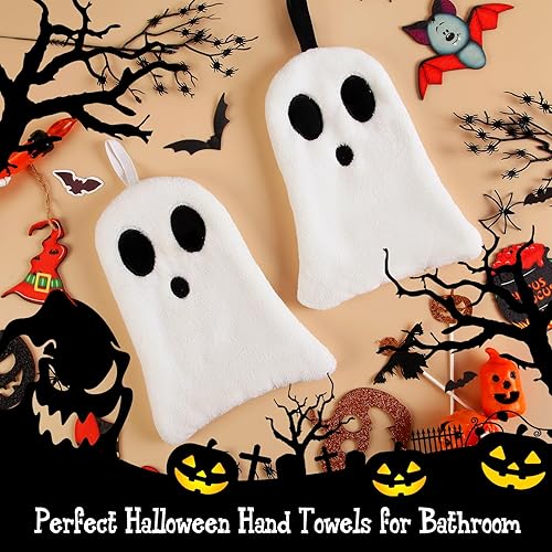 Miniatura 5 de Quera Paquete de 2 toallas de mano con diseño de fantasmas de Halloween, bordadas, decoración de lujo, para baño, juego de toallas decorativas para