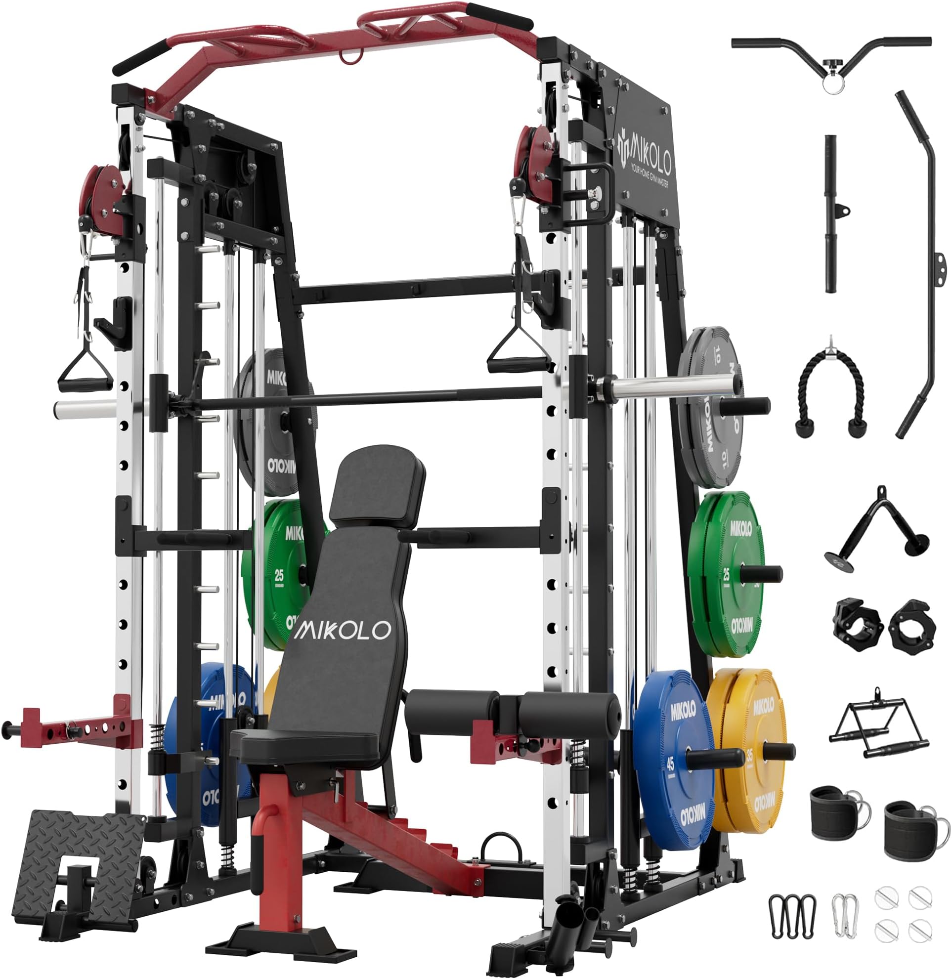 Mikolo Smith Machine, 2200lbs Squat Rack with LAT-Pull Down System & Cable Crossover Machine, Training Equipment with Leg Hold-Down Attachment