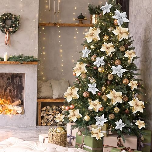 Vista 62 de Boao 24 Pieces Christmas Artificial Glitter Poinsettia Flowers Xmas Flowers Wedding Christmas Tree New Year Ornaments(Green)