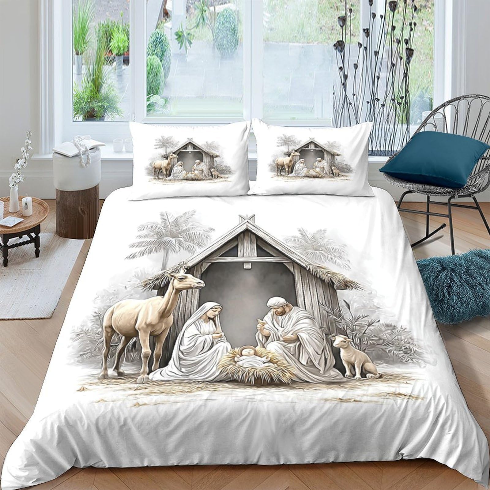 Ctjqhvkz Style-4 3D Printed Nativity Scene Fitted Sheet Microfiber Soft Mattress Cover For Bedroom Guest Room Christmas Decor Single（135X200cm）