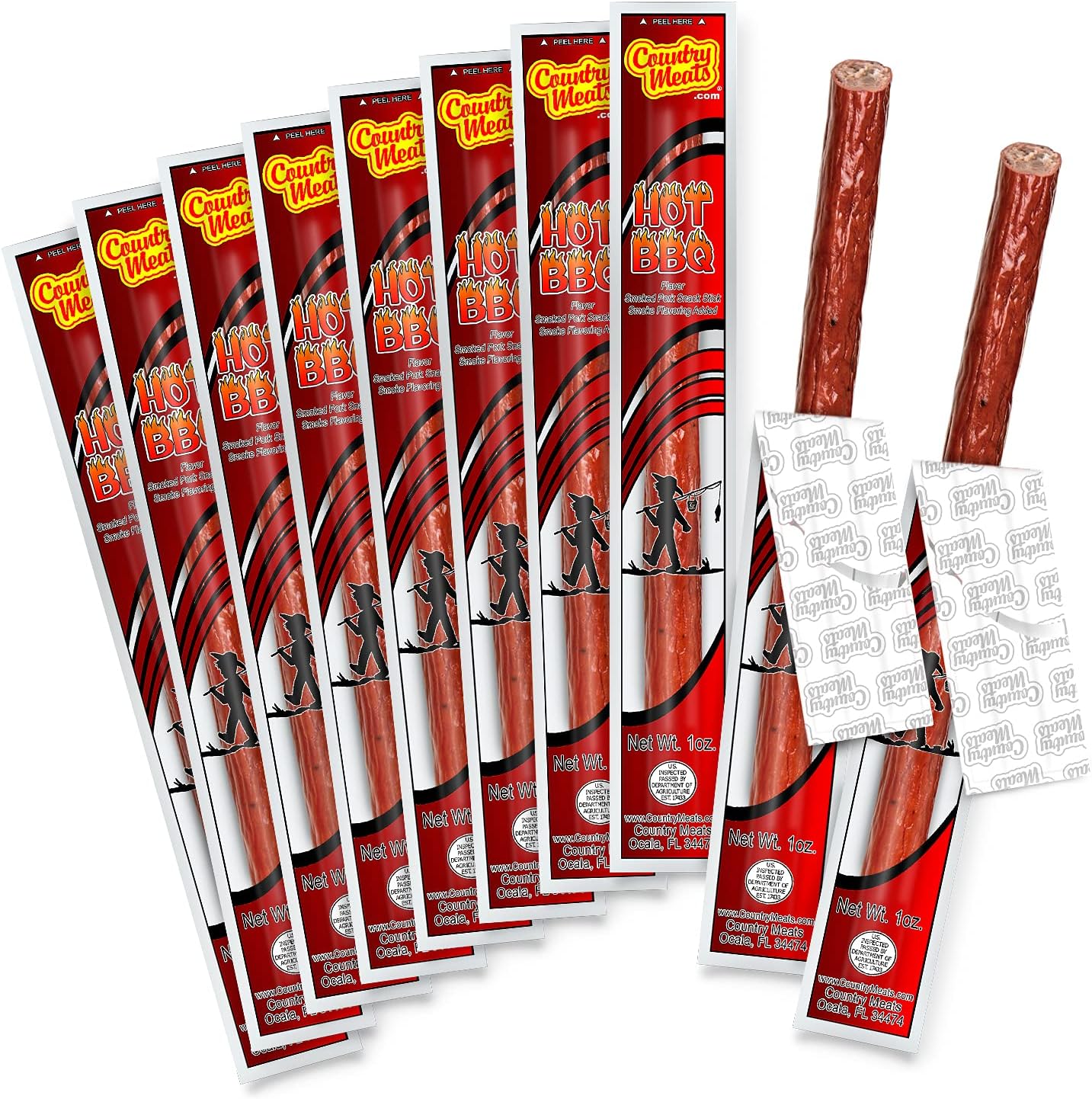 Country Meats, Meat Sticks, 0 Trans Fat, USDA Certified, Good Source of Protein, Carb Conscious Snack (10 Meat Sticks, Hot BBQ)