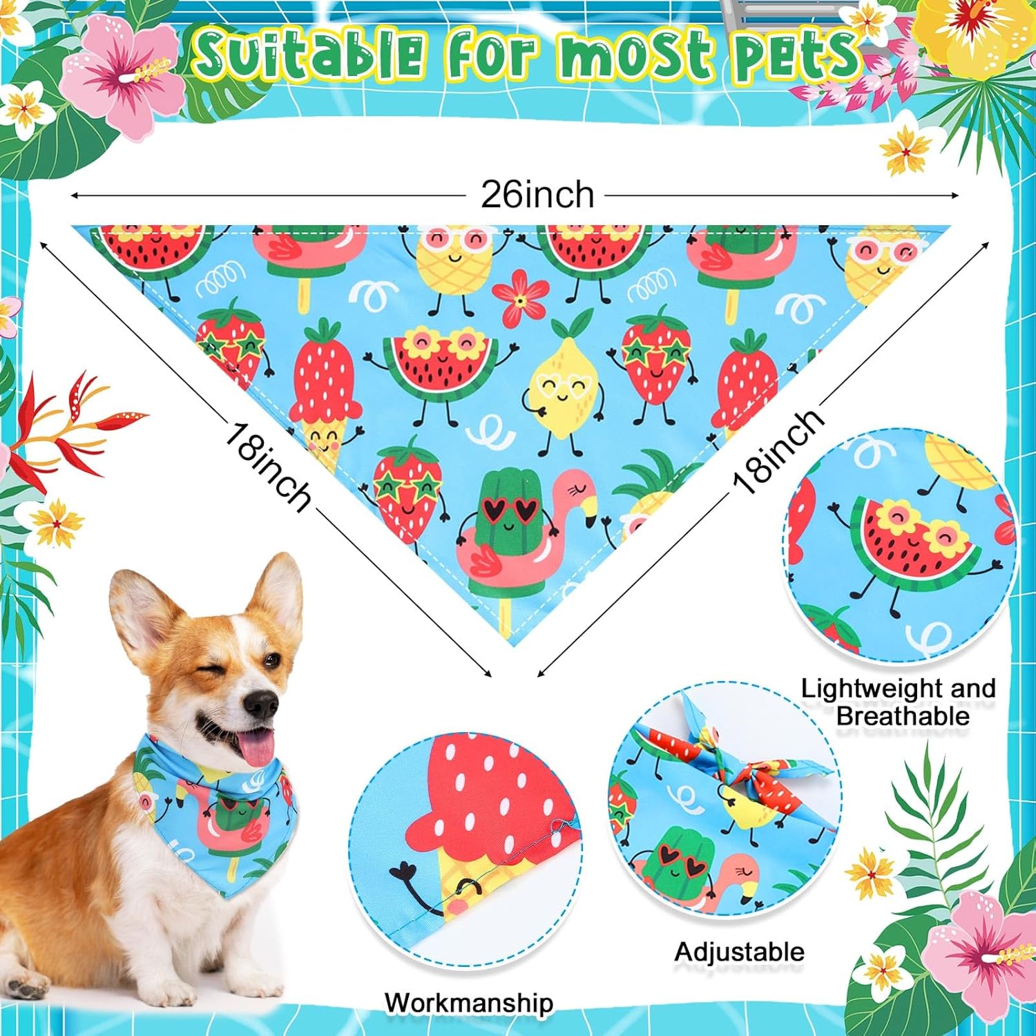 72 Pcs Dog Bandanas Bulk for Summer Adjustable Washable Pet Triangle Scarf Soft Kerchief Bib for Summer Holiday Pet Costume Accessories(Fruit)