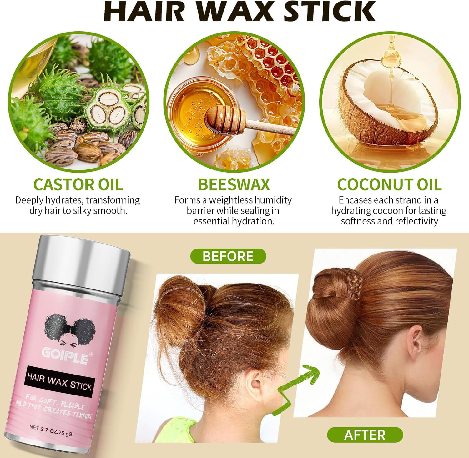 Set di spazzole per capelli lisci con setole di cinghiale, bastoncini per cera per capelli, per lisciare i capelli e l'effetto crespo, accessori per chignon per donne, ragazze adolescenti