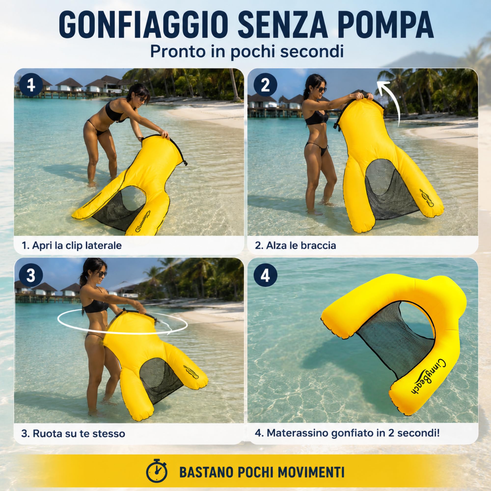 Cinnybeach, Materassino mare, Autogonfiabile, Poltrona piscina con Rete, amaca mare, Materassino Senza Pompa per Spiaggia e Piscina, con Borsa e Picchetto - Innovativo si Gonfia con il Vento (Giallo)