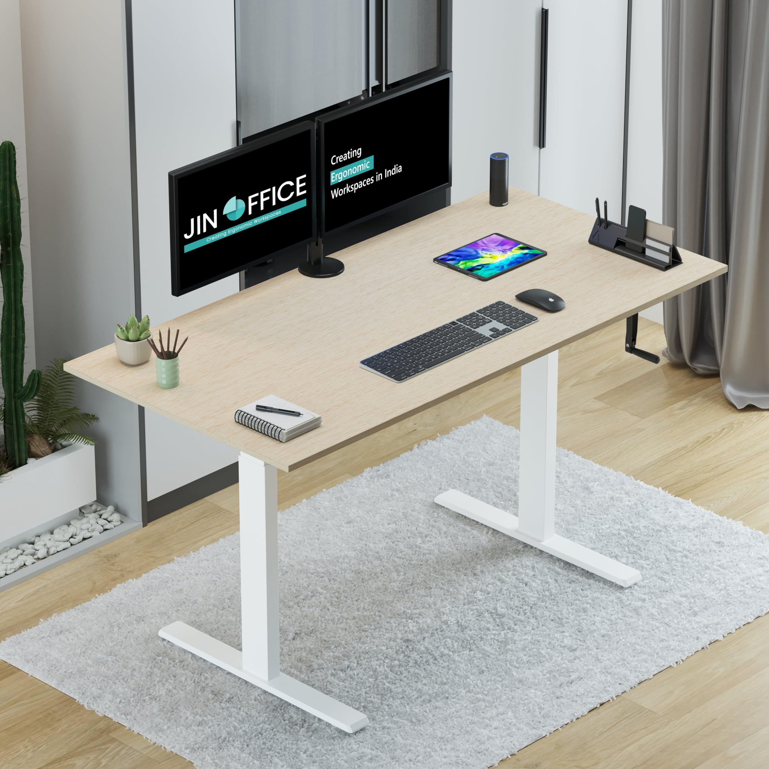 Jin Office Vertex Manual Height Adjustable Table| Adjustable Desk with Hand Crank| Sit Stand Desk| Ergonomic Table for Home Office, 3 Year Warranty,80 Kg Wt. Cap| White& Maple |1500*750mm/ 25MM Thick