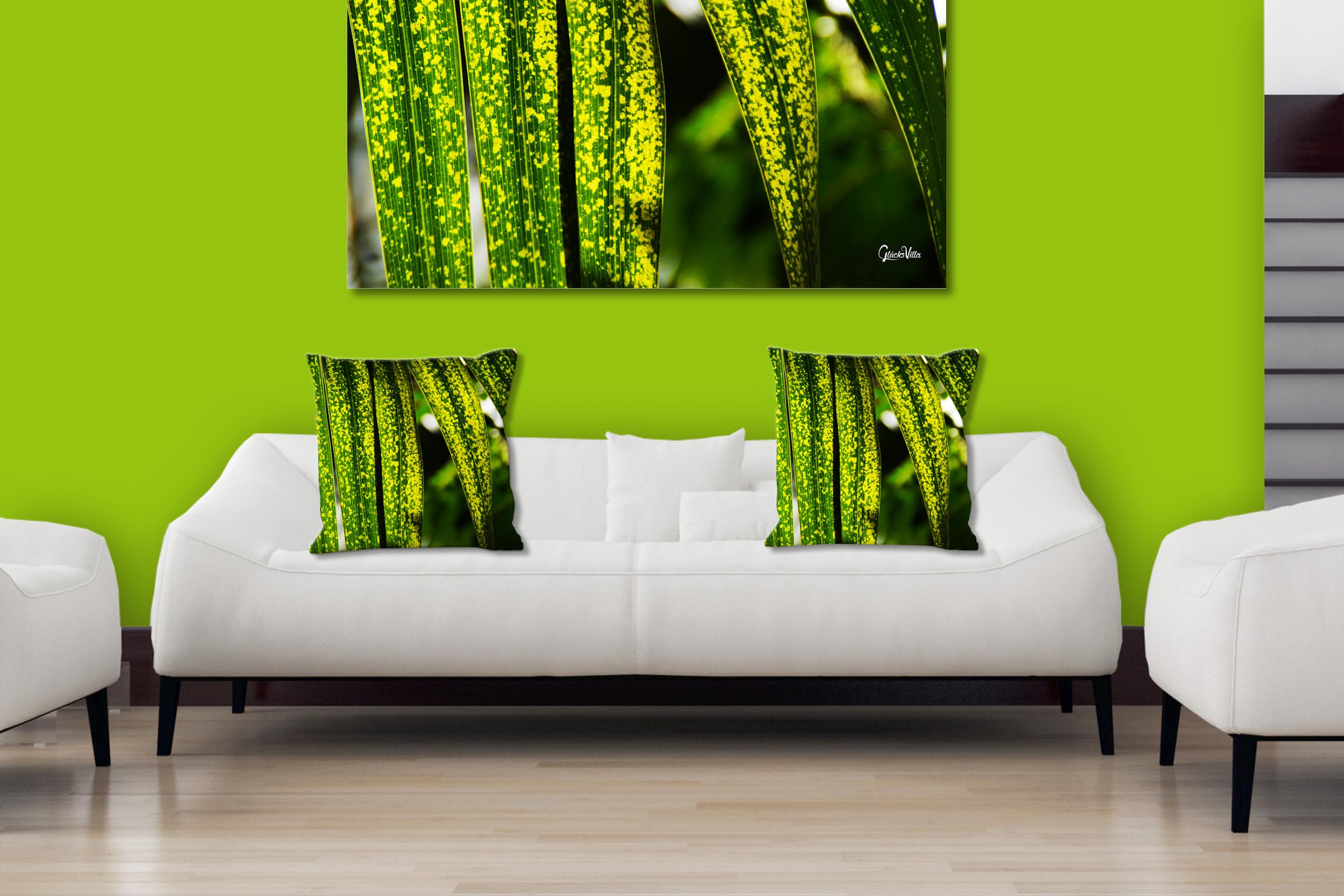 Blattwerk 1 - Foto-Kissen-Hülle Set (2 STK.) 40 x 40 cm | Kissen-Bezüge - passend zu Wandbild - Deko-Kissen - Pflanze Blätter Natur Garten Botanik Palme