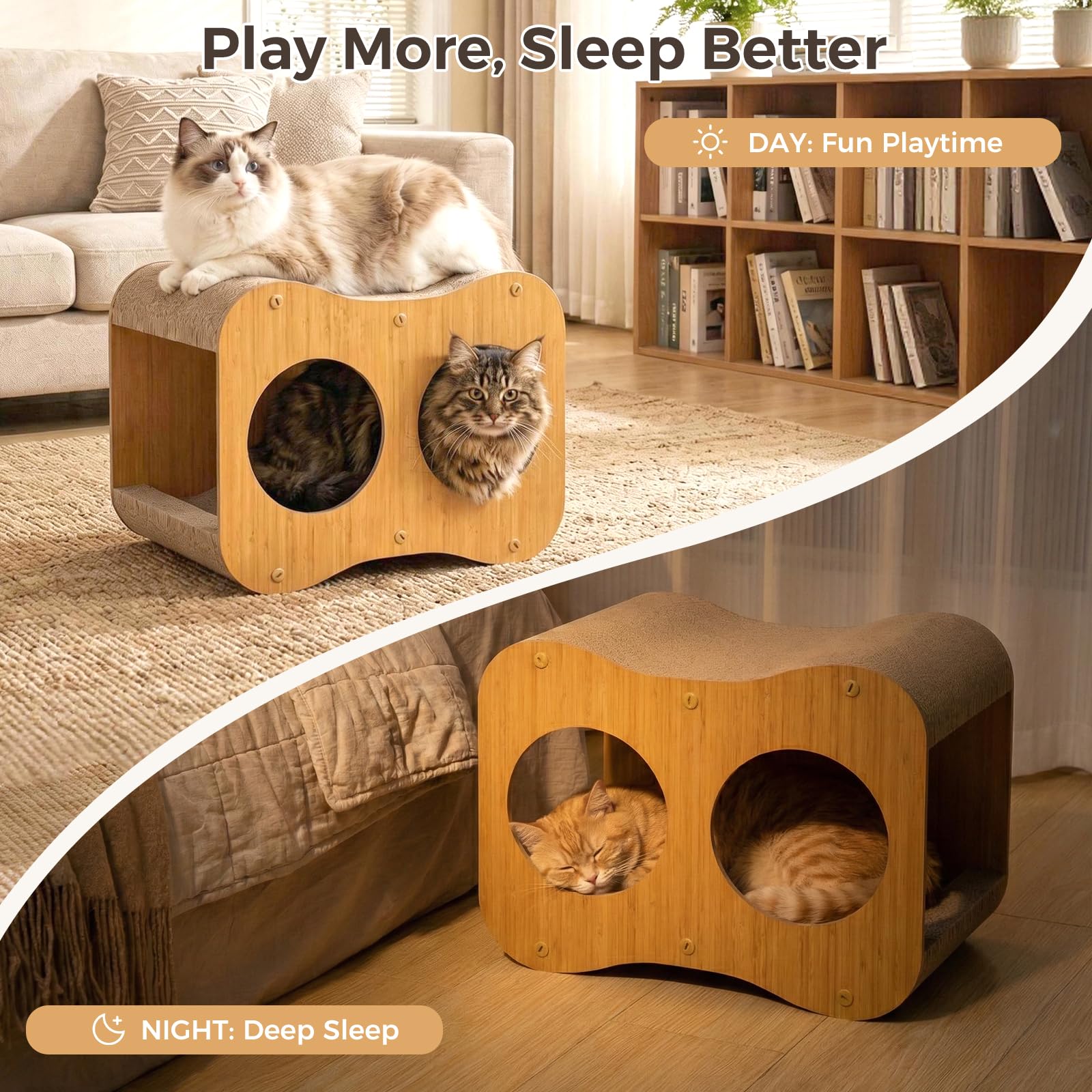 Avont 猫用 爪研ぎ ベッド くり抜き型 スクラッチハウス 多機能 両面段ボール 爪とぎ トンネル遊び インテリア 安心設計 室内 通気性よい ストレス解消 組み立て簡単