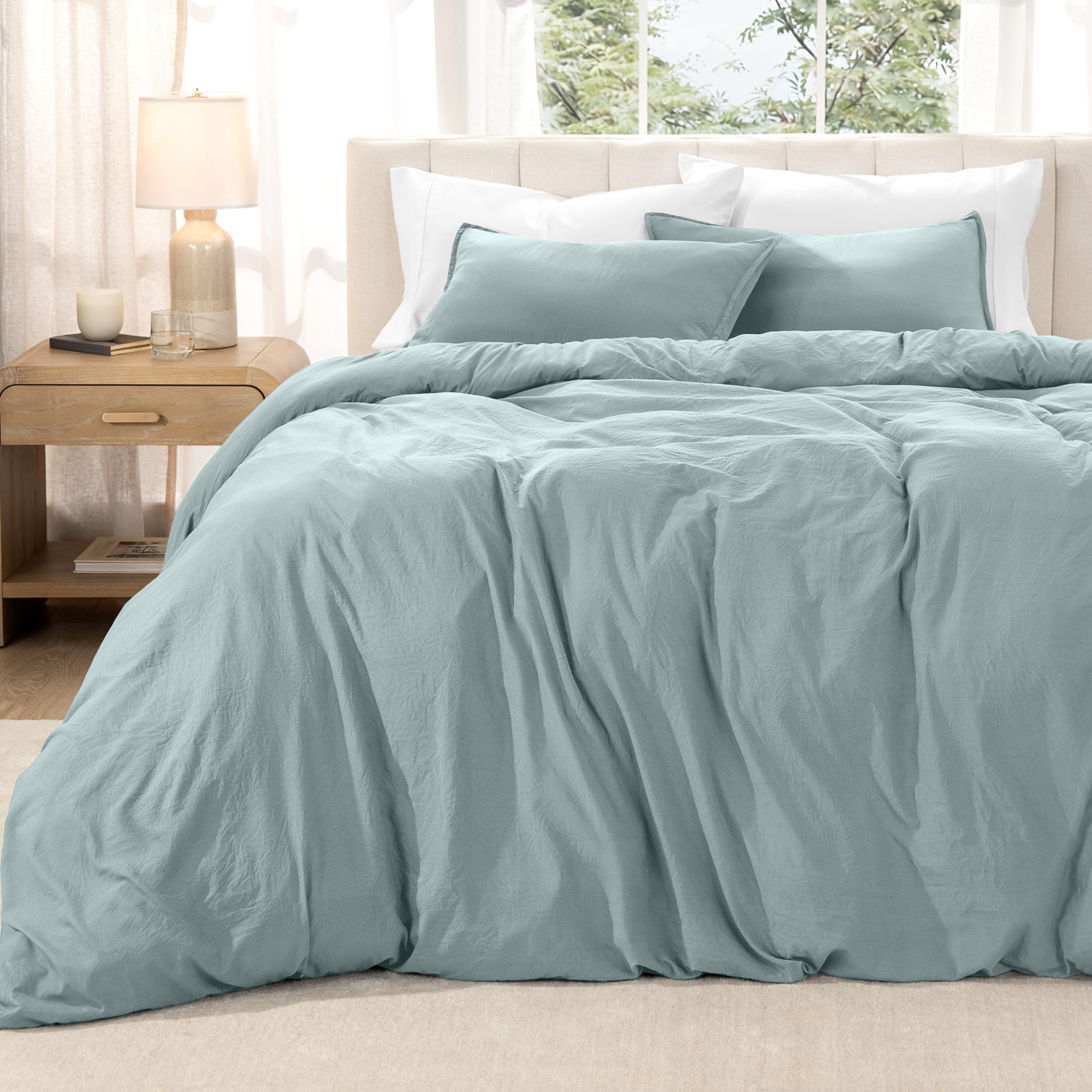 bare home microfiber duvet cover set - ultra soft washed microfiber - queen size - linen-like look - easy care - breathable fabric - our softest duvet cover set (queen, sea spray)