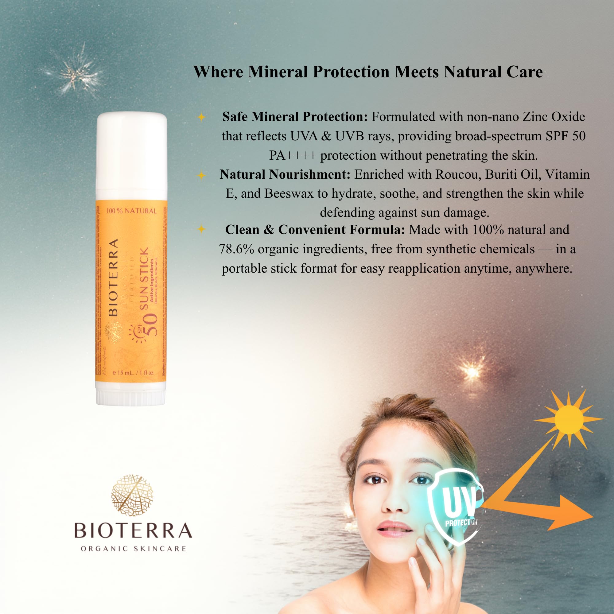 Bioterra SPF 50 Stick Güneş Kremi – Yüksek UVA/UVB Koruma PA++++, Balmumu İçeren Nemlendirici Formül, Kuru Ciltler İçin Koruyucu Bariyer, Pratik Stick Güneş Koruyucu