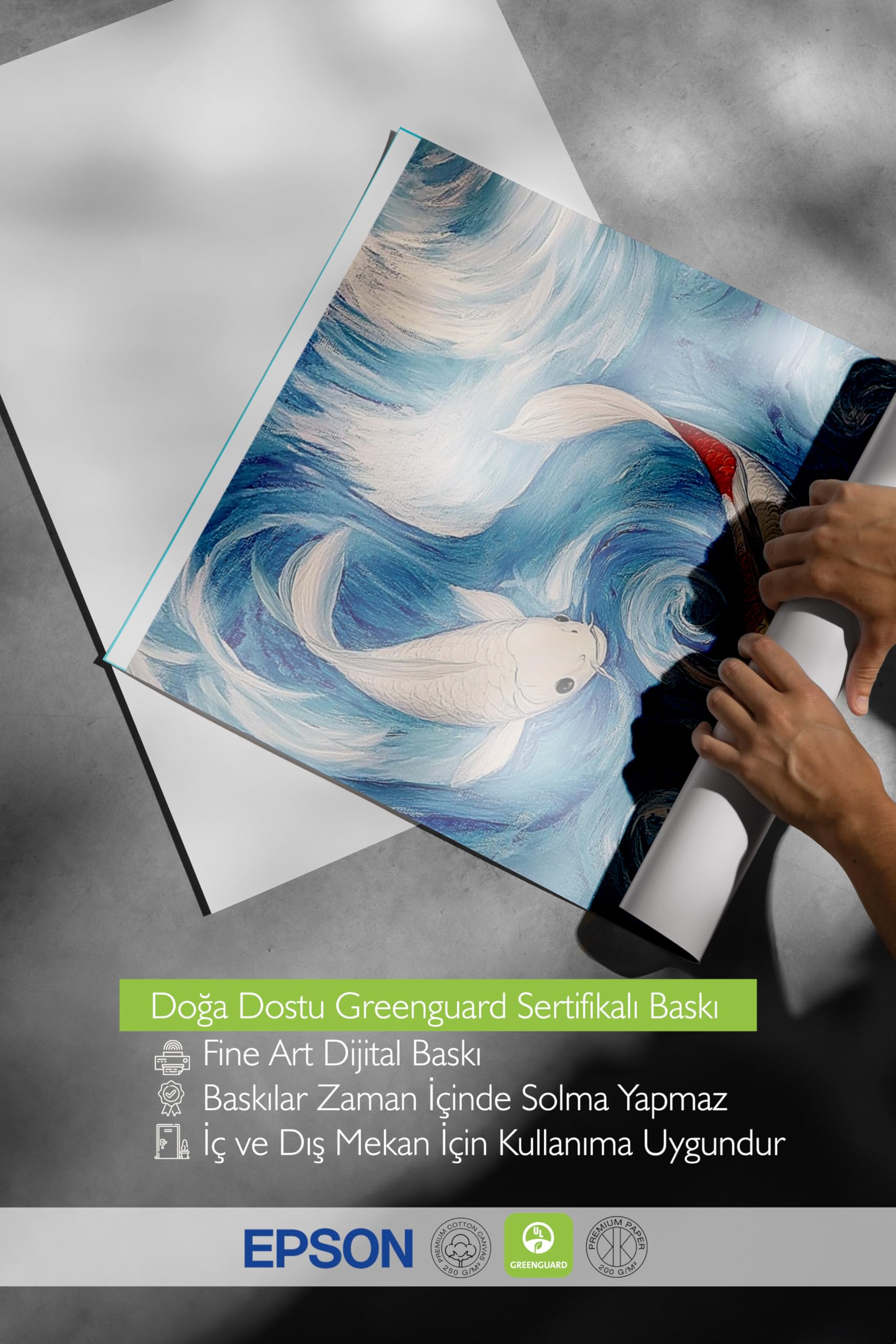 Zestia Siyah Çerçeveli Tablo, Koi Balıkları, Mavi Dalgalar, Japon Stil Poster No: 107335 50 x 70
