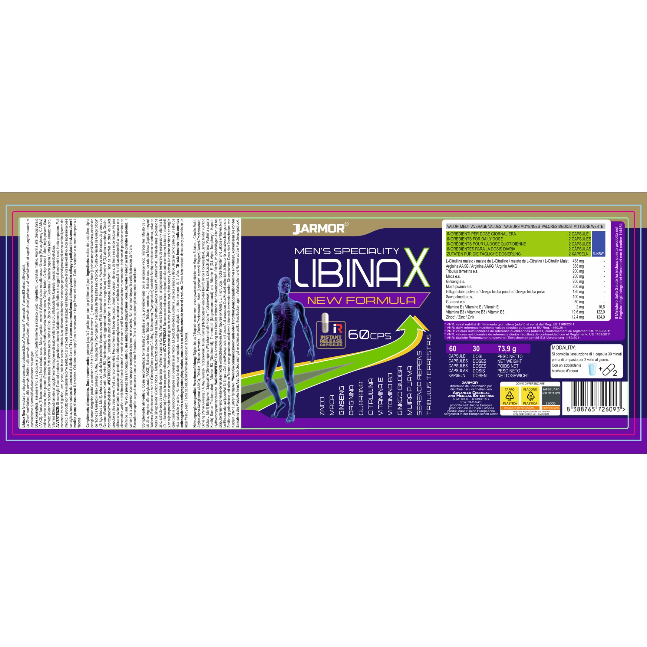 Libinax Integratore Uomo Vitalità Maschile – L-Citrullina, L-Arginina, Tribulus, Maca, Ginseng, Muira Puama, Ginkgo, Serenoa, Guaranà, Zinco e Vitamine – 60 Capsule