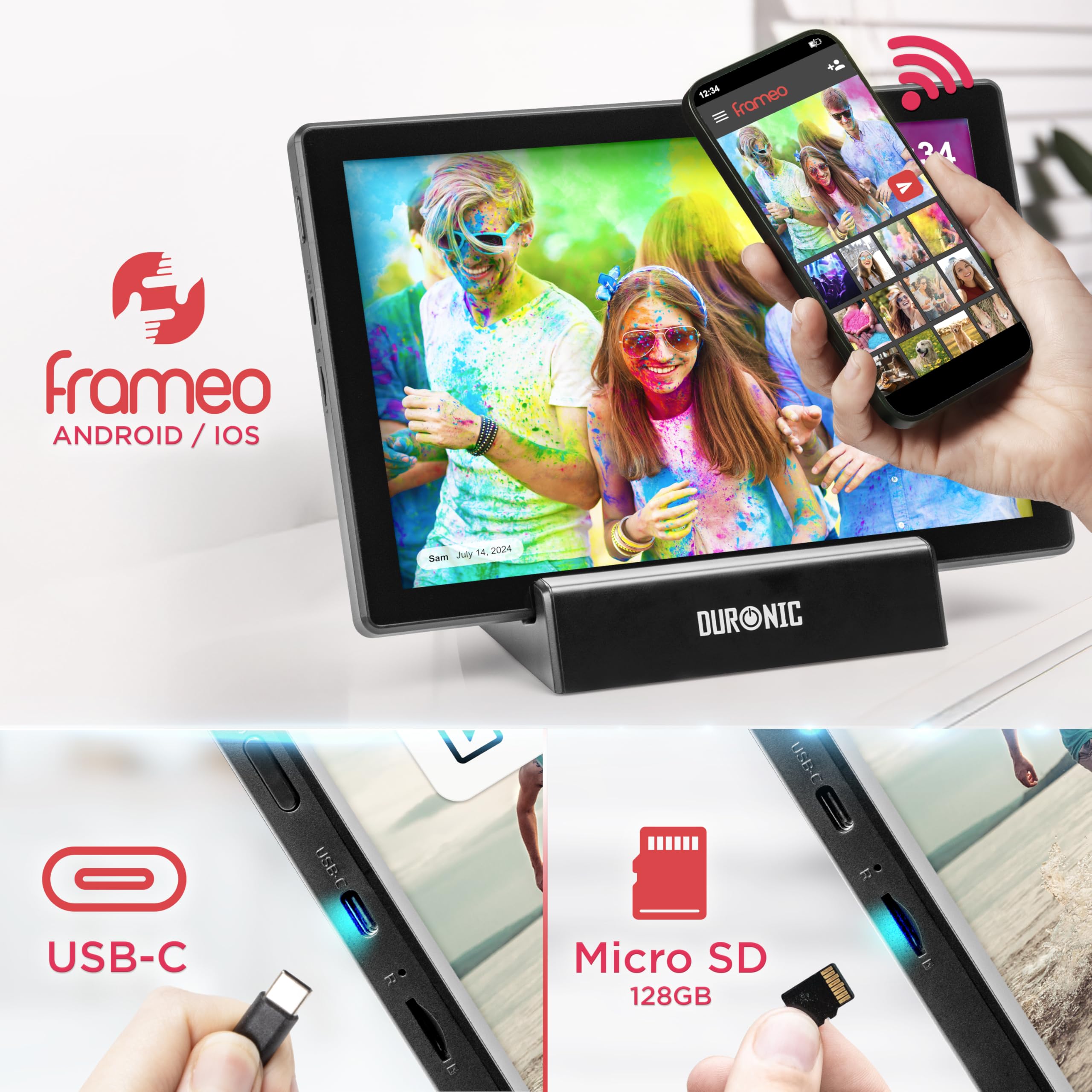 Duronic PF1D BK Cornice Digitale da 10,1 pollici Wi-Fi, Touch Screen IPS 1280x800, Memoria 32GB, USB-C, Stand Ricarica, Frameo App – Cornice Foto Elettronica Nero per Condivisione Immagini