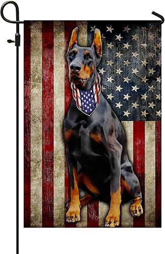 FLAGWIX Banderas estadounidenses Bandera de Doberman Pinscher, decoración del 4 de julio para interior, exterior, bandera de jardín (11.5 x 17.5
