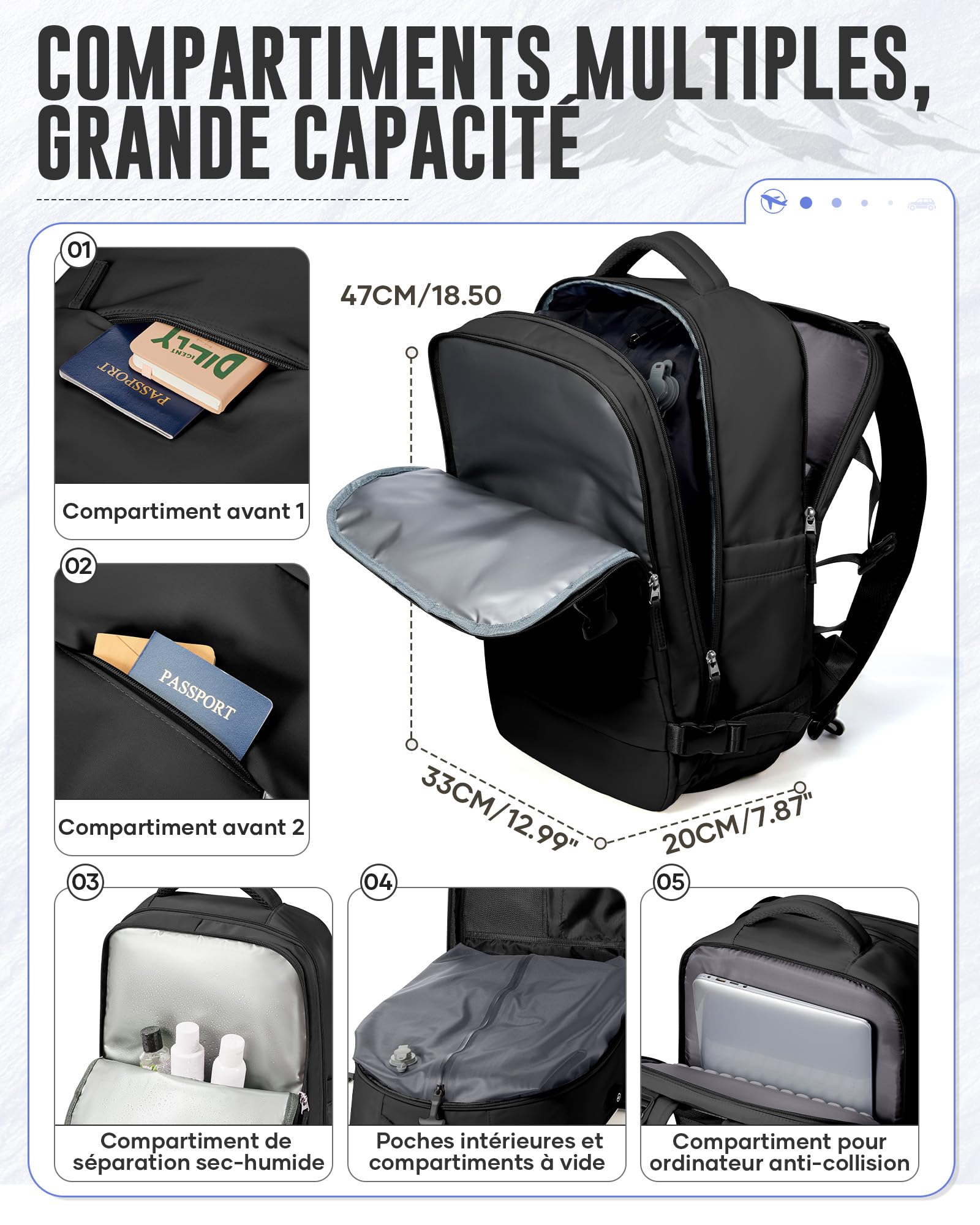 Sac a Dos Sous Vide Voyage Avec Pompe Sac Airbag Travel Sac a Dos Voyage Cabine Avion 40x30x20 Easyjet Imperméable Vacuum Backpack Homme Femme Port USB Avec Compartiment à Chaussures(Noir)