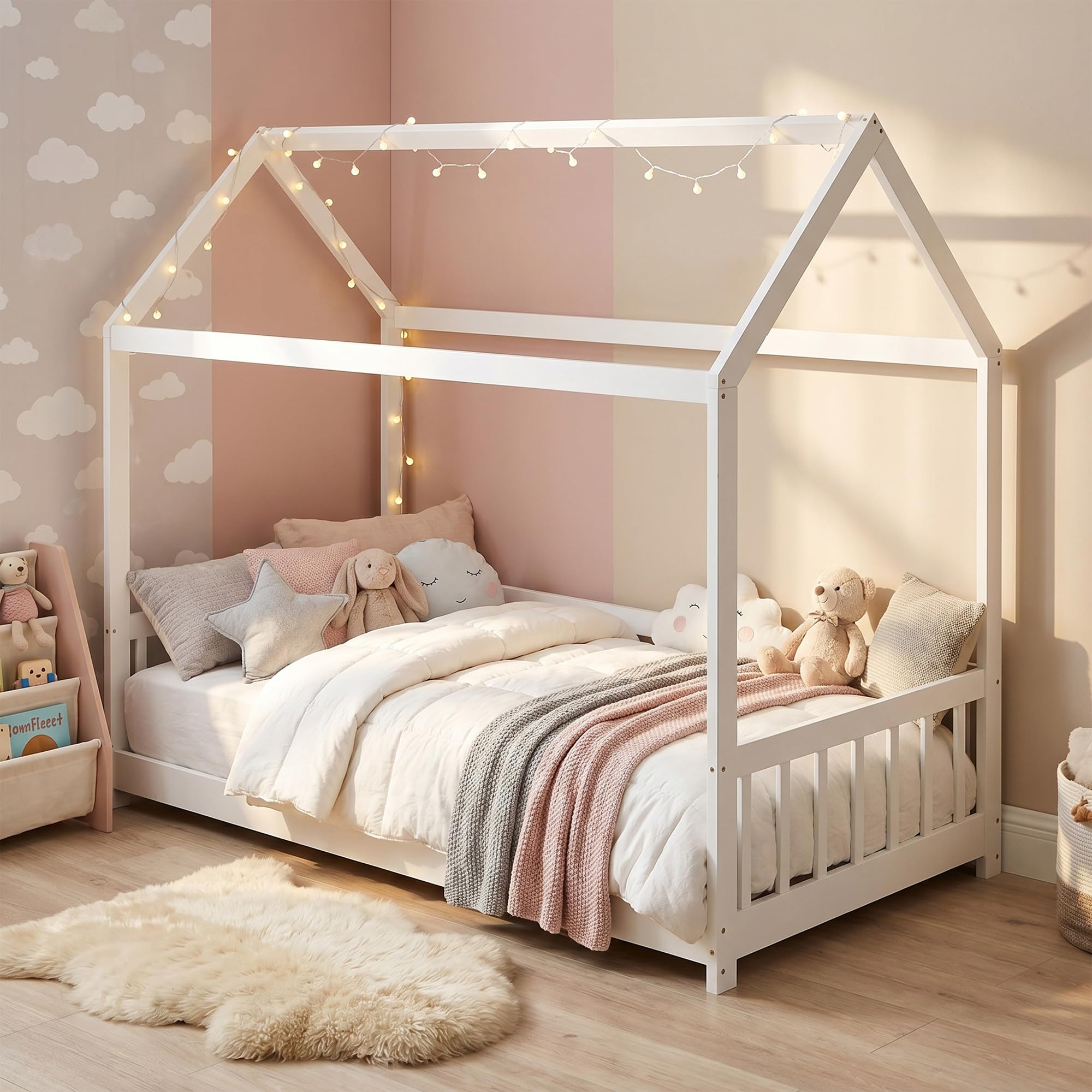 HOMCOM Letto Montessori per bambini a Casetta, 90x190 cm Letto per Bambini a Forma di Casa con 15 Doghe, Struttura in Legno di Pino e Barriere di Protezione per Cameretta, Bianco