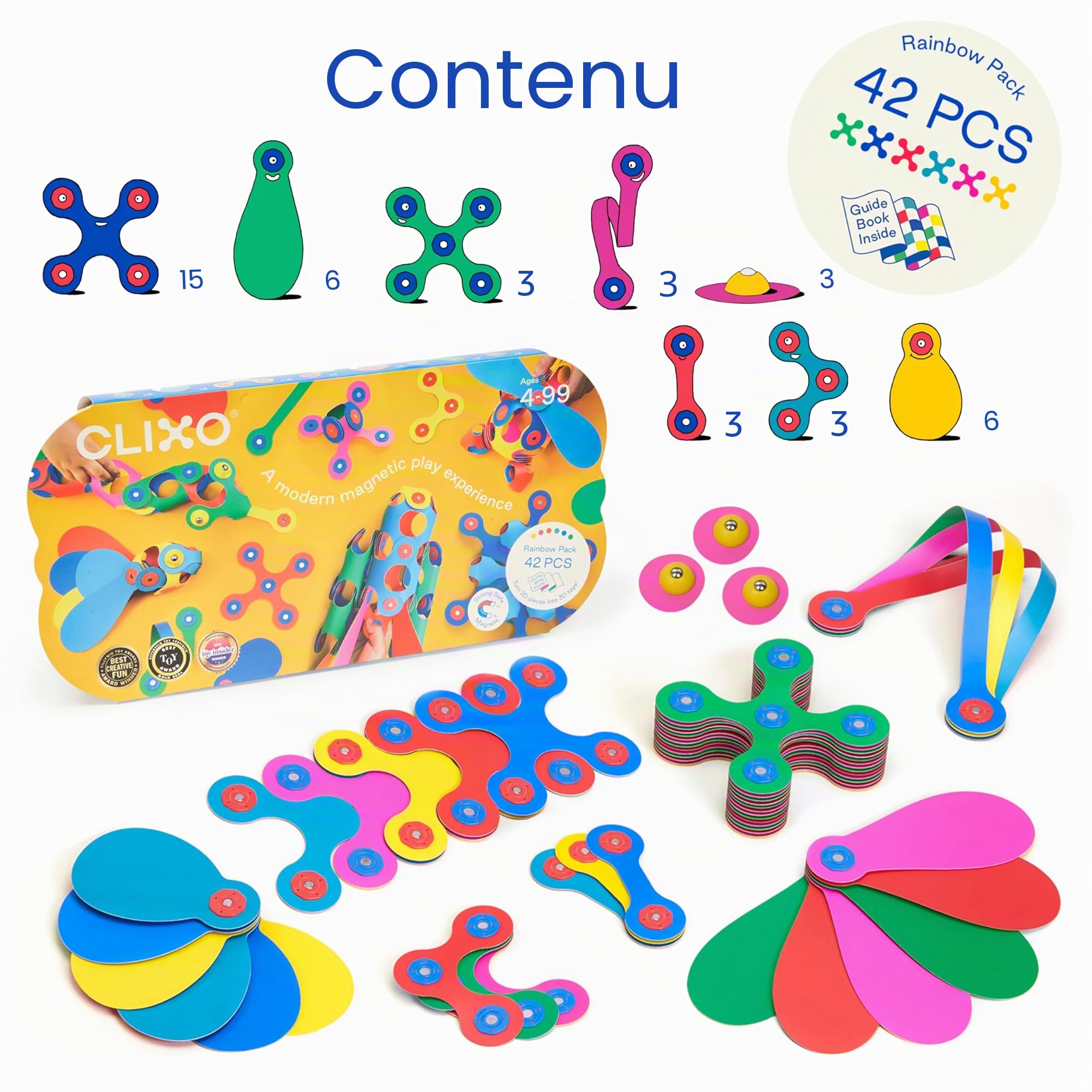 Clixo - Rainbow Pack (Multicolore) - Jeu de Construction Magnetique, Flexible, Durable et Imaginatif – 42 pièces – Dès 4 Ans