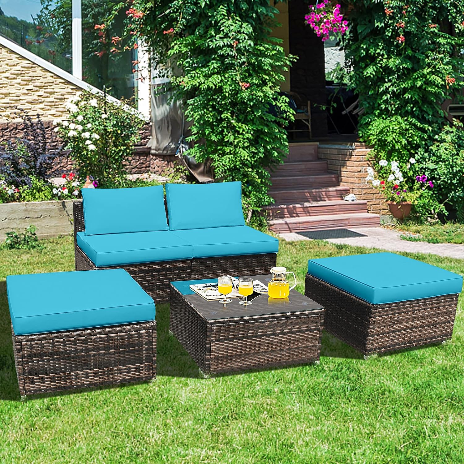 Tangkula 5 Piece Wicker Lounge Chair Set, with Tempered Glass Coffee Table, Outdoor Conversation Sets w/Washable Zippered Cushions, Includes 2 Armless Sofas, 2 Ottomans and 1 Side Table (Turquoise)