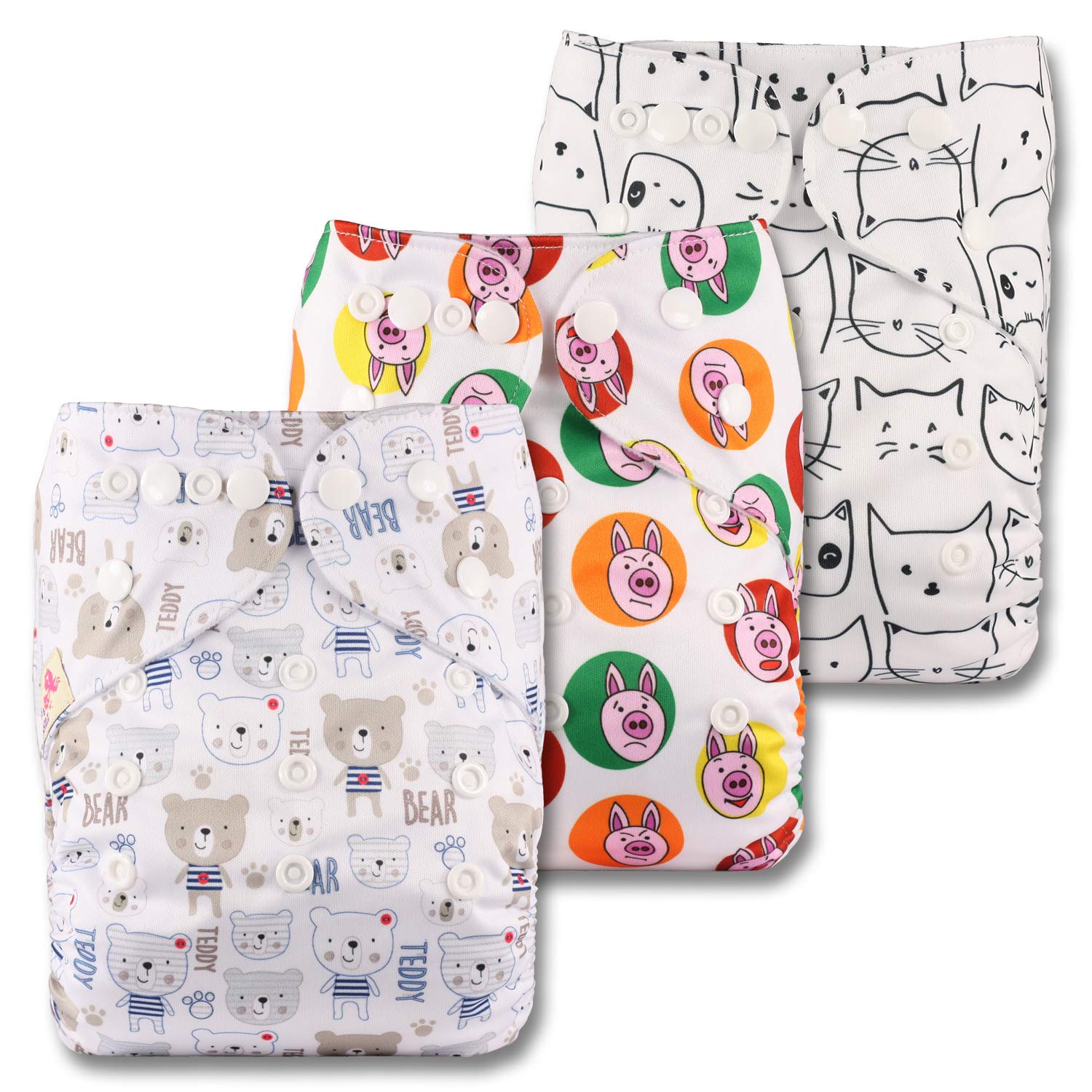 Littles & Bloomz, Reusable Pocket Cloth Nappy, Fastener: Popper, Set of 3, Patterns 326, with 3 Bamboo Charcoal Inserts