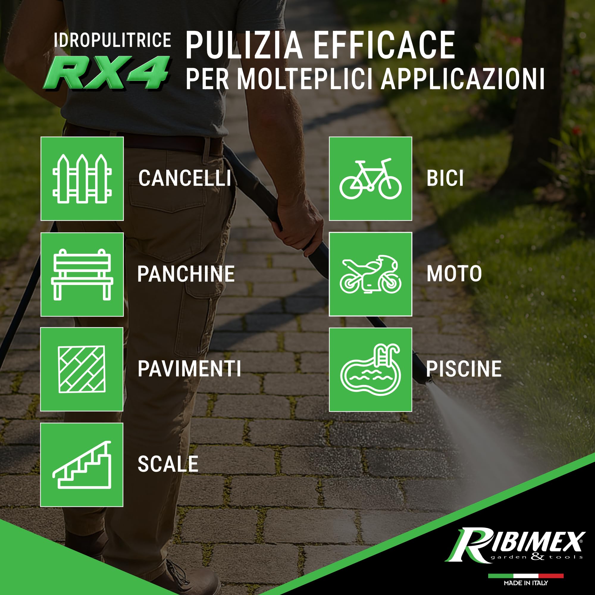 Ribimex Idropulitrice ad Alta Pressione RX4, 2200W, 160 Bar, 480 L/h, Getto Regolabile, Serbatoio Detergente 550 mL, Tubo da 5 m, Protezione IPX5, Arresto Automatico, Avvolgitubo Integrato - PRNHP04