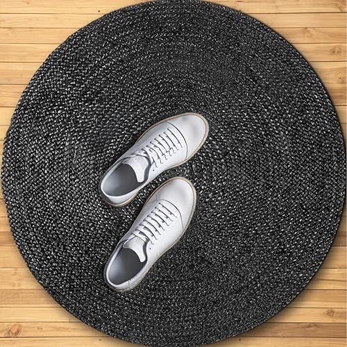 Miniatura 3 de GRUHUM Alfombra de yute de 8 x 8 pies, colección redonda de fibra natural, hecha a mano, con dijes bohemios, estilo campestre, de yute, suave