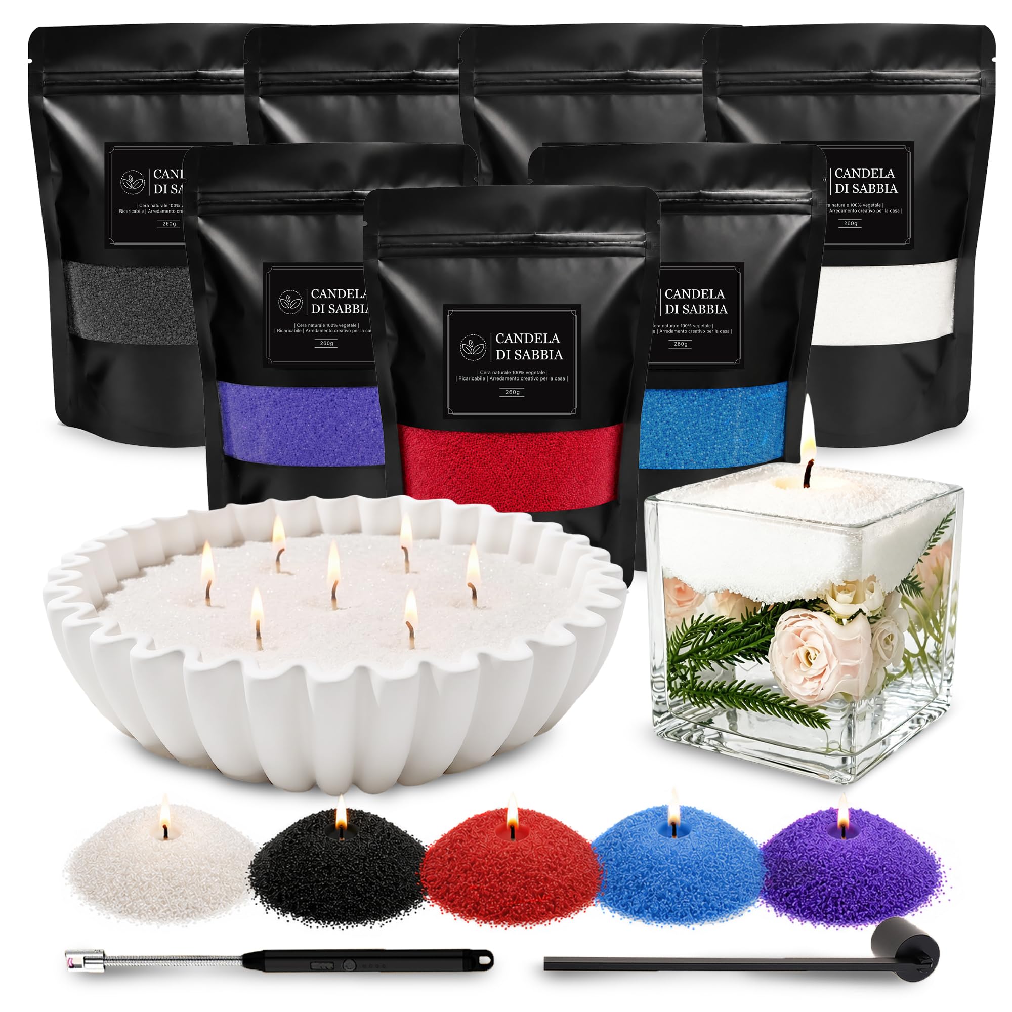 1800g Kerzensand mit Dochten & Schalen, DIY-Sandwachskerzen-Set in 5 Farben