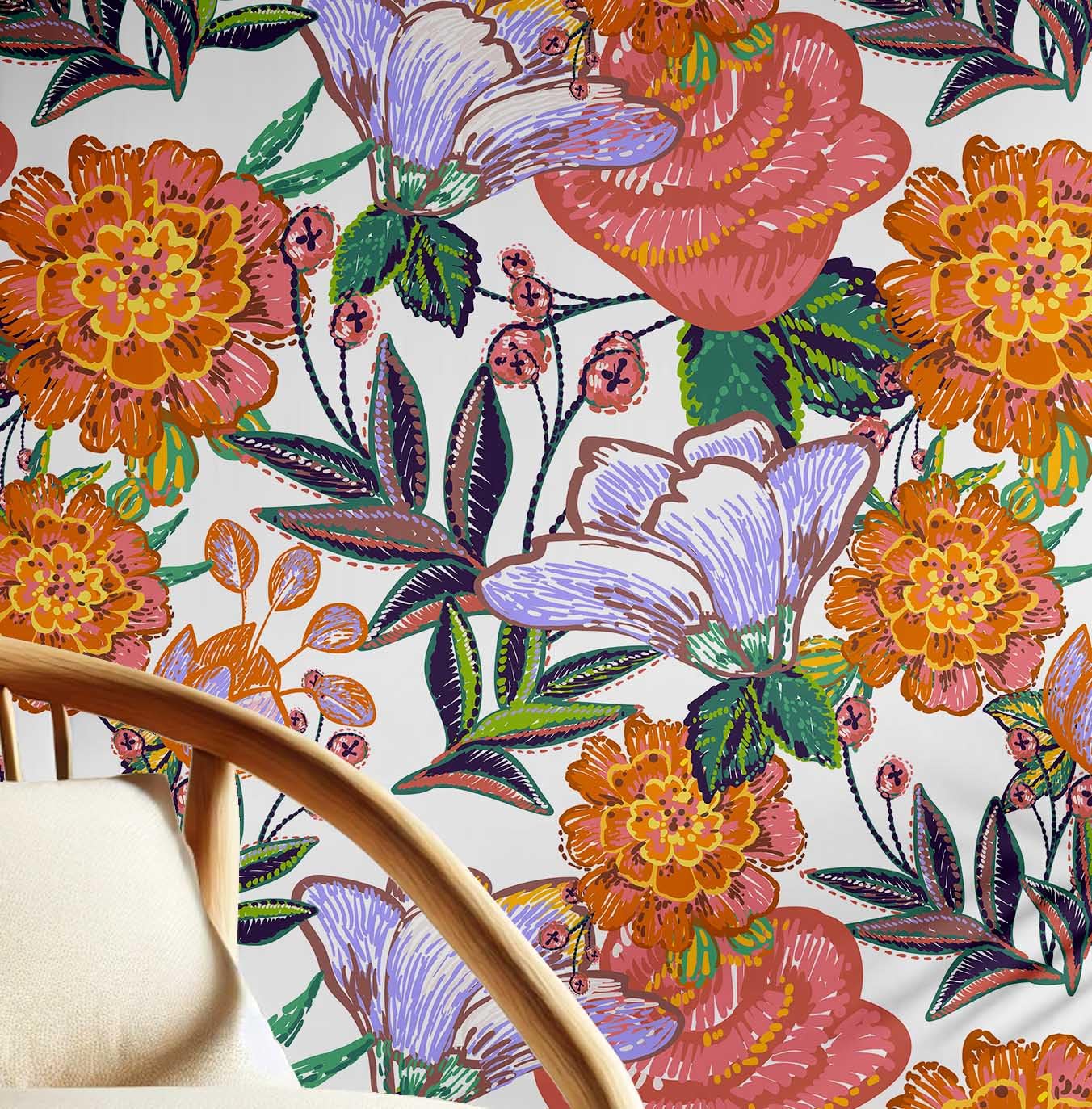 Papier peint autocollant amovible floral chic orange 63.5 cm