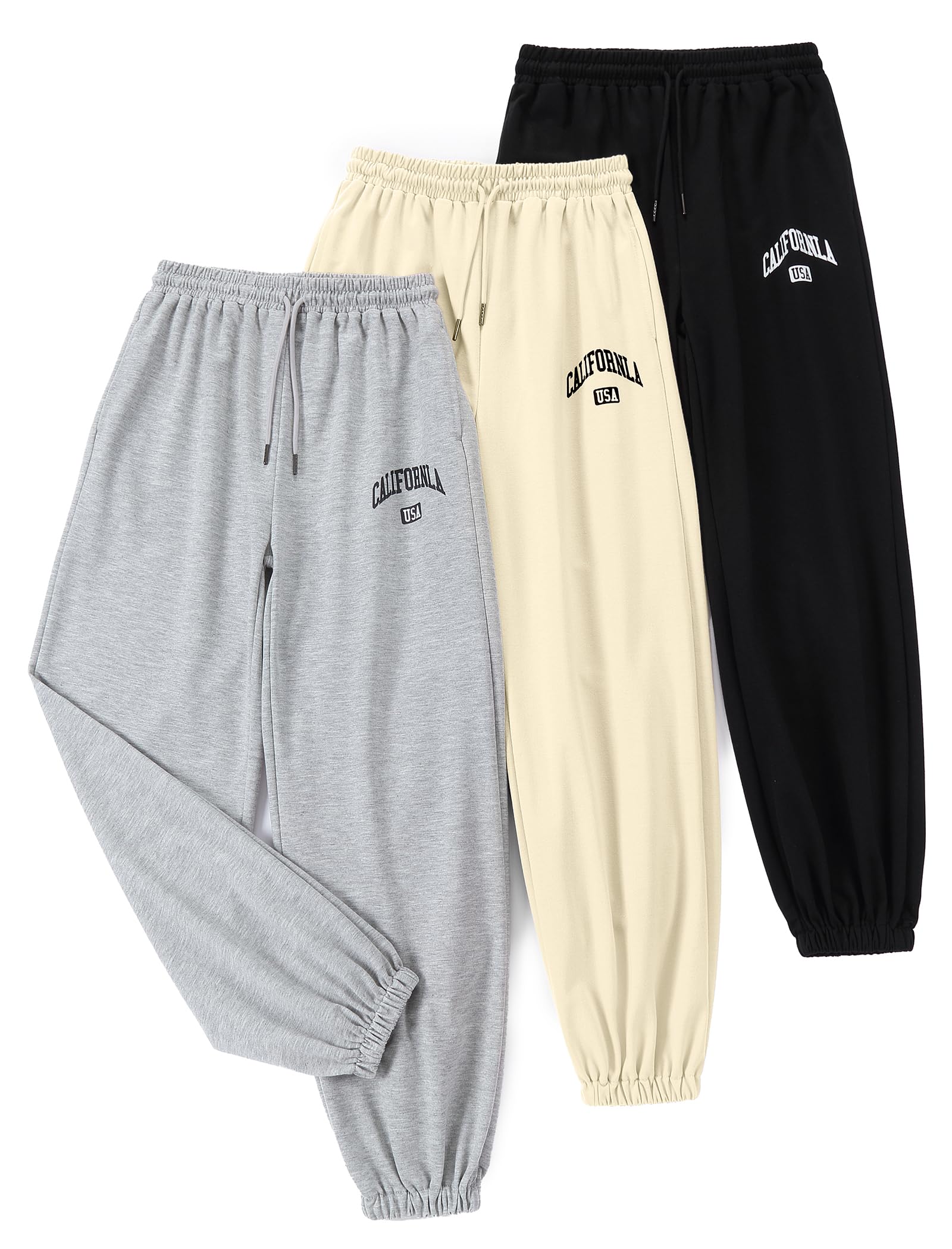 EXARUS Girls Sweatpants 3 Pack Sweat Pants Kids with Pockets Drawstring Baggy High Waisted Preppy Cute Joggers Youth 10Y