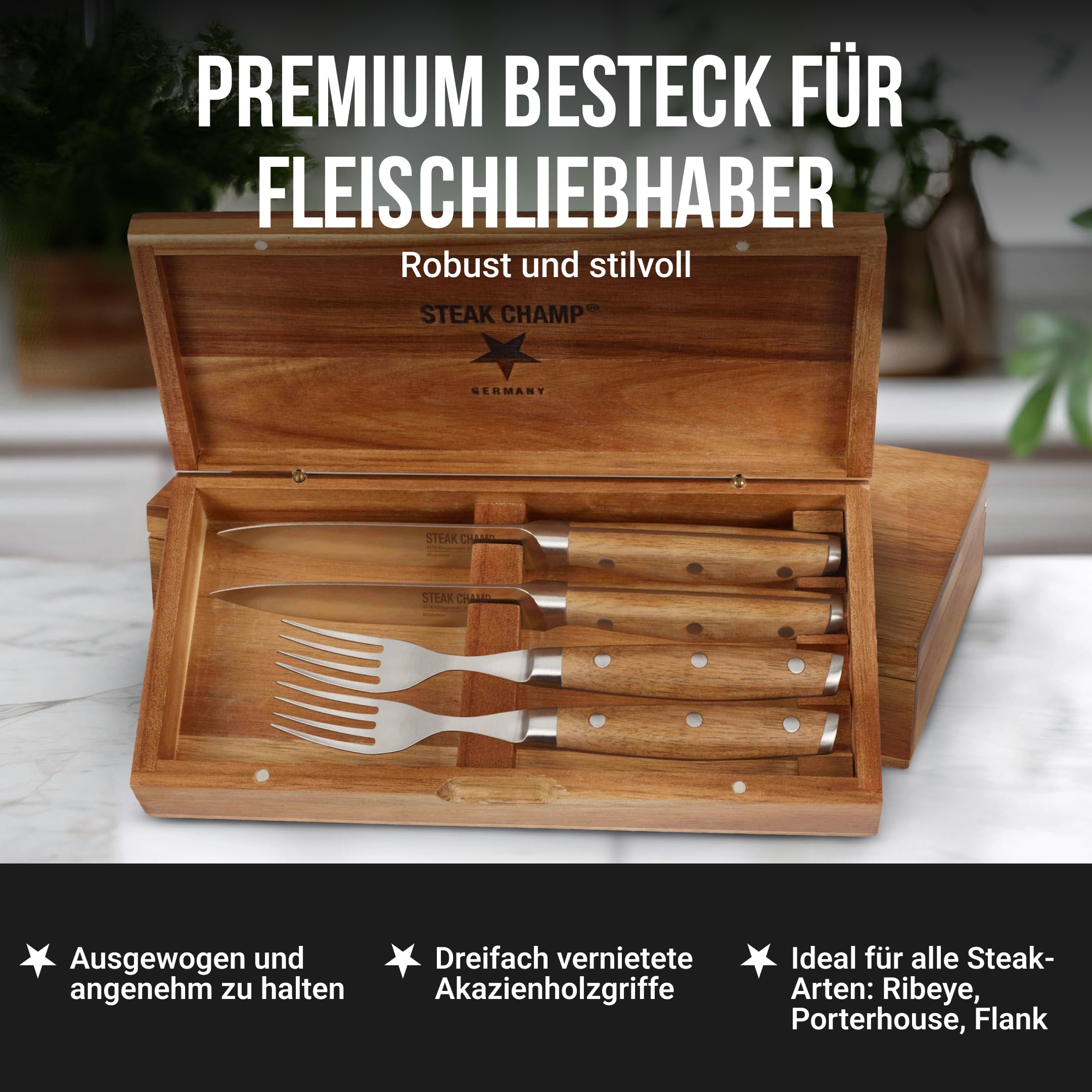 Steakchamp Fleischgabel und Steakmesser, 2 x 2 Stk.: Gabeln und Messer aus Klingenstahl, mit Mikrowellenschliff, Set 4-teilig, inkl. Holzkiste