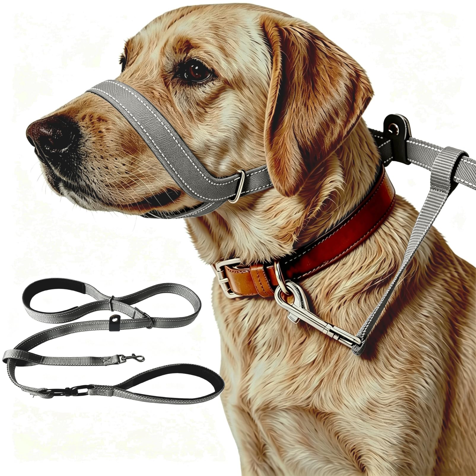 Figure of 8 Dog Lead with Anti-Tangle Flat No Pull Slip Leads Reflective with Comfy Padded Handle and Padded Nose Support Training Leash Suitable For All dog Breeds (Grey, 150cm)
