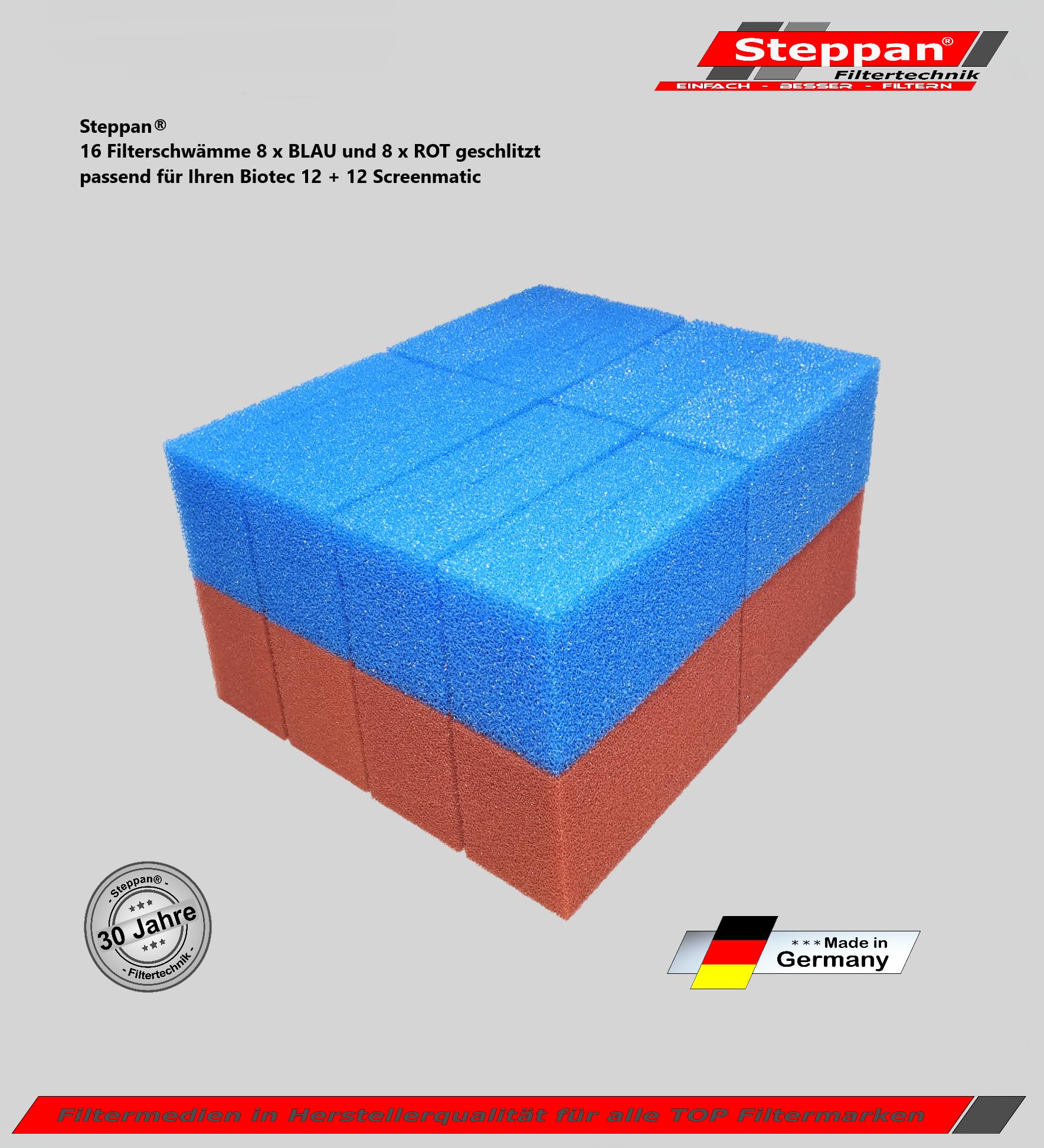 16 Filterschwämme 8 x BLAU und 8 x ROT geschlitzt für Biotec 12 + 12 Screenmatic 21,5 x 10 x 9 cm BLAU Grob = PPI 10 ROT Fein = PPI 30