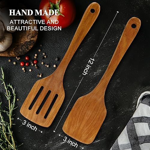 Miniatura 6 de Espátula de madera de acacia de 12 pulgadas para utensilios de cocina, espátulas ranuradas, las mejores espátulas no tóxicas antiadherentes de