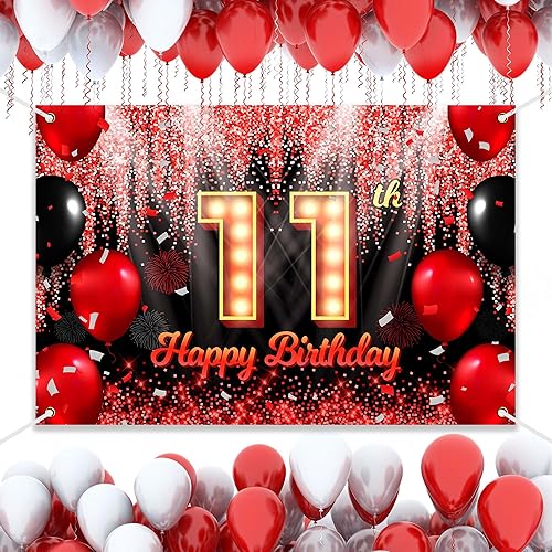 Miniatura 10 de Cartel de fondo de feliz cumpleaños número 15, fondo negro y rojo con fondo neón brillante para fiesta de cumpleaños, fotografía, fondo de cabina