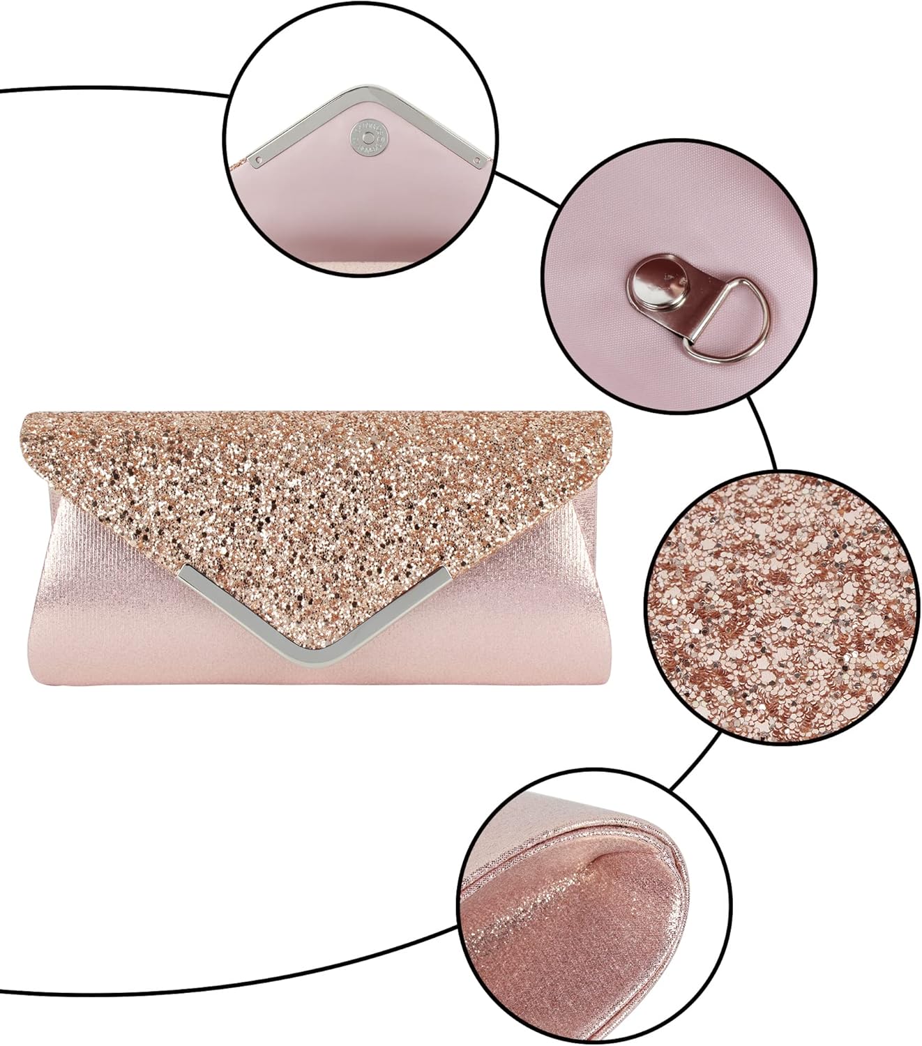 Queena Womens Shiny Sequins Evening Clutch Envelope Handbag Chain Purse for Wedding Party Prom Gift for Mom Wife Girlfriend Pink, Pink - Image 5